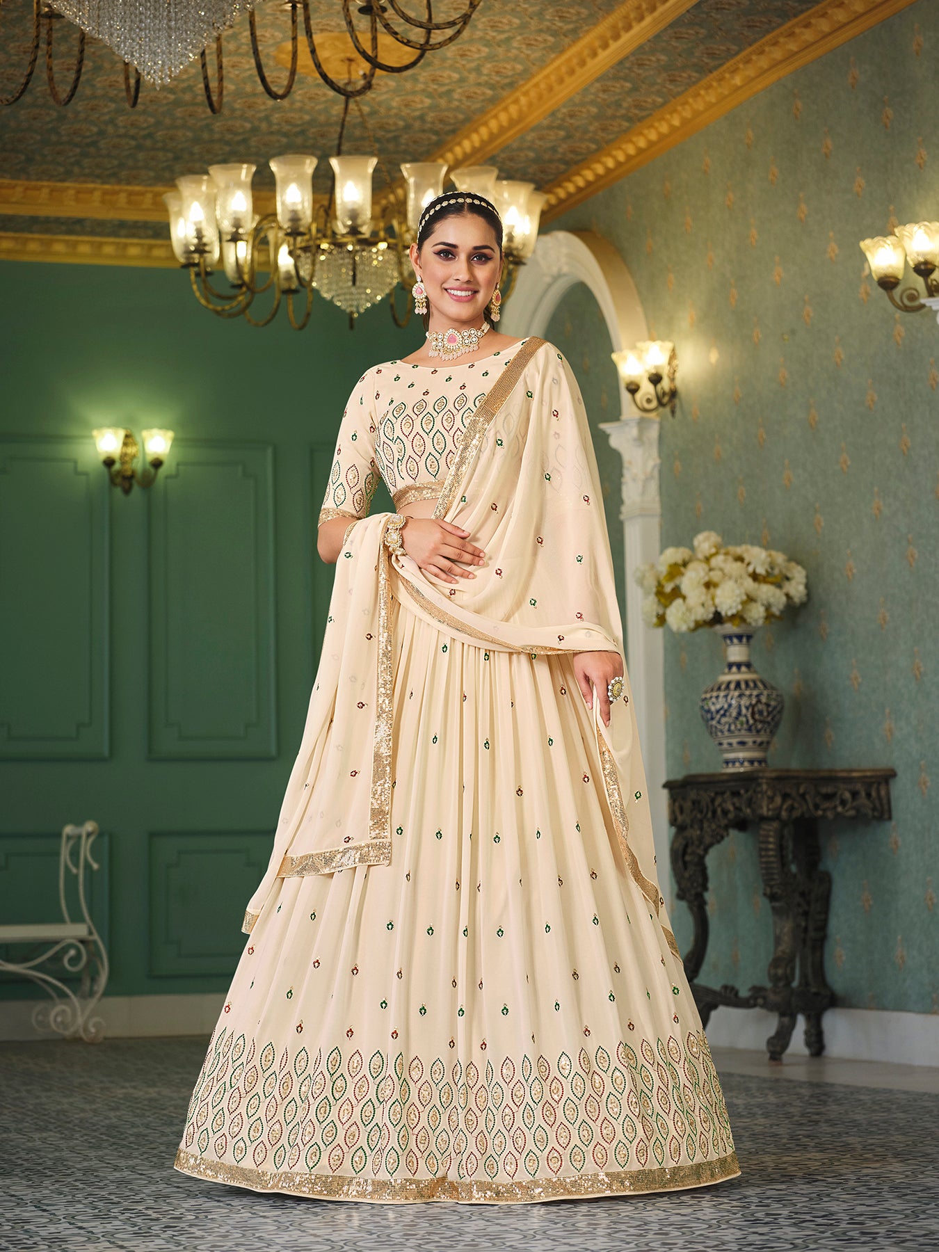 Women's Beige Georgette Thread Sequence Embroidered Lehenga Set - Shubhkala