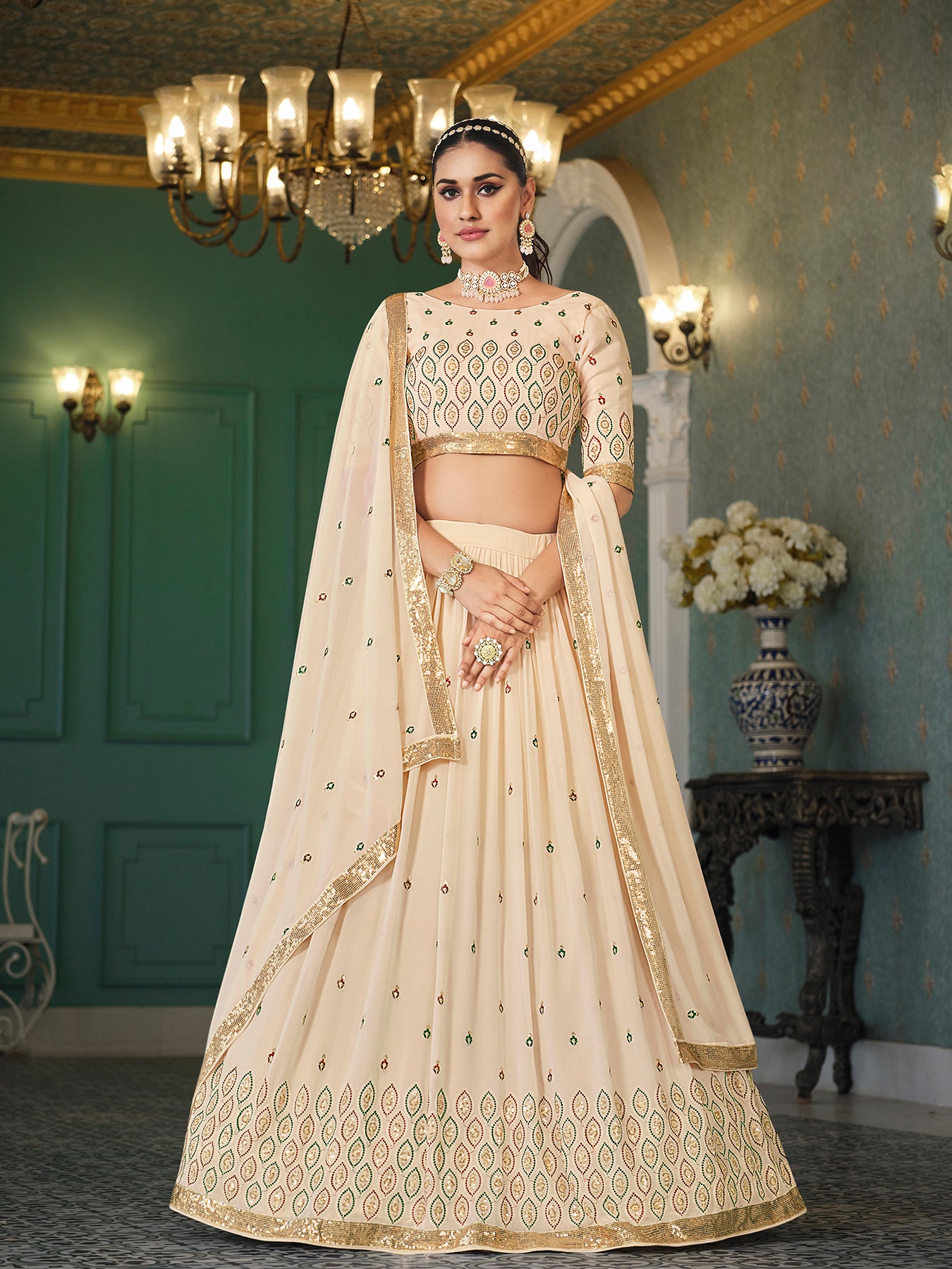 Women's Beige Georgette Thread Sequence Embroidered Lehenga Set - Shubhkala