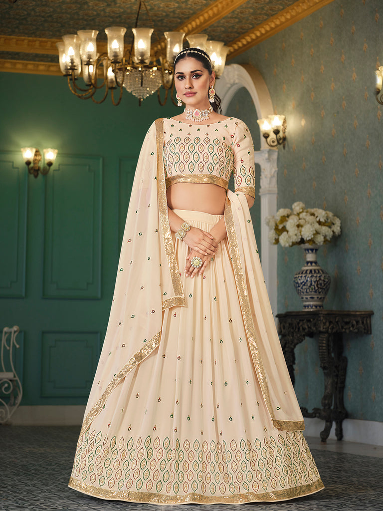 Women's Beige Georgette Thread Sequence Embroidered Lehenga Set
