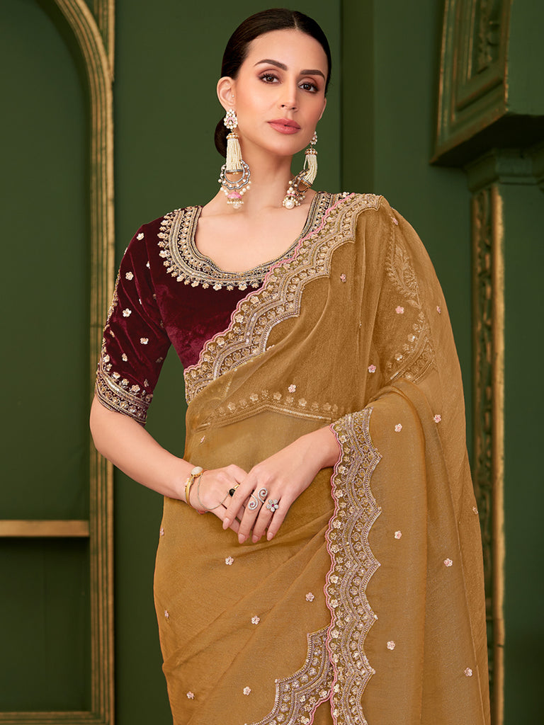 Women's Camel Brown Tissue Embellished Saree – Trendia