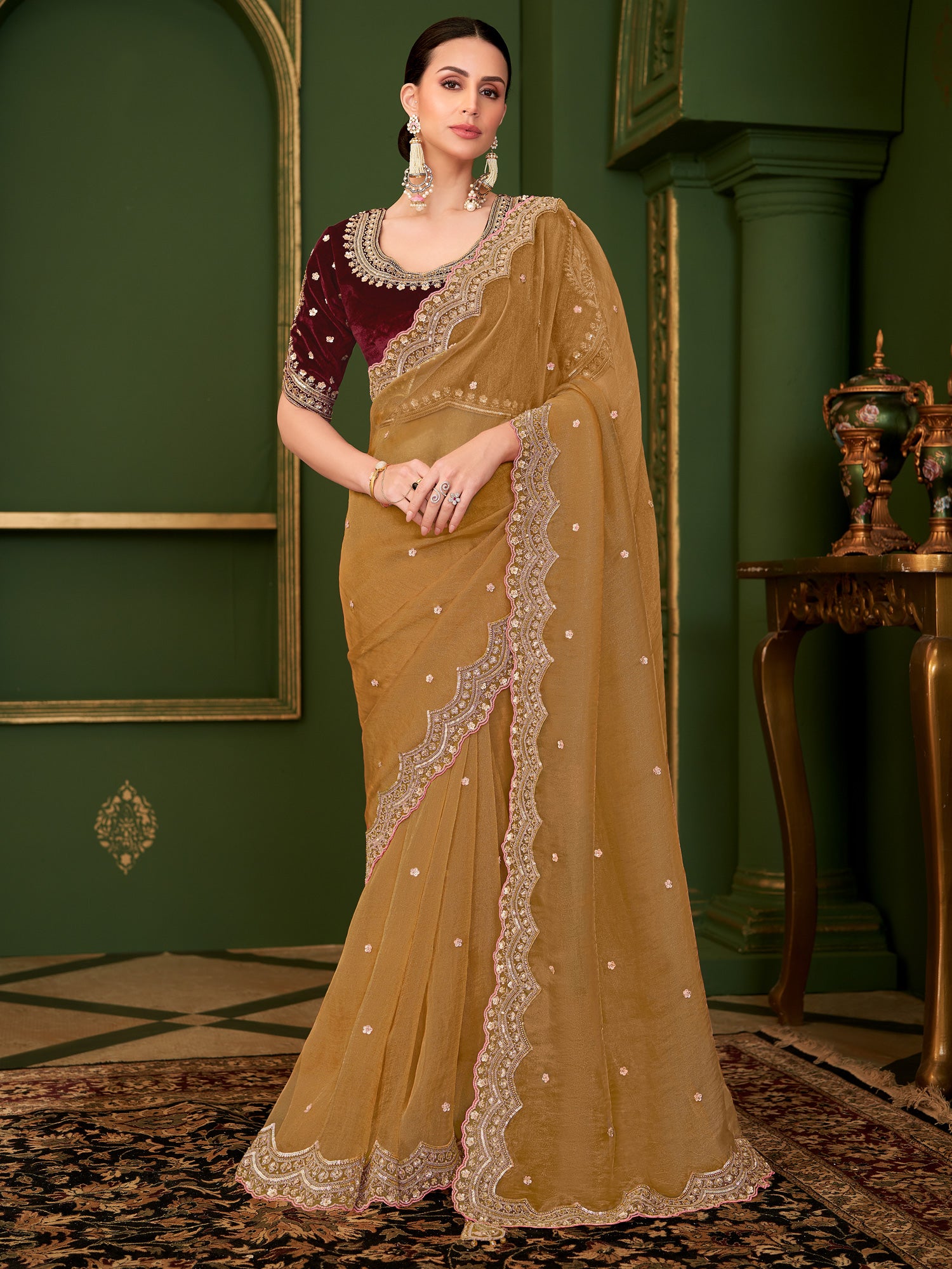 Women's Camel Brown Tissue Embellished Saree – Trendia