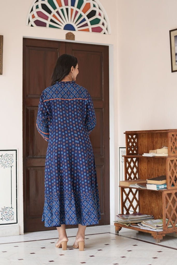 Womens Blue Rayon Rajwadi  Print Kurta