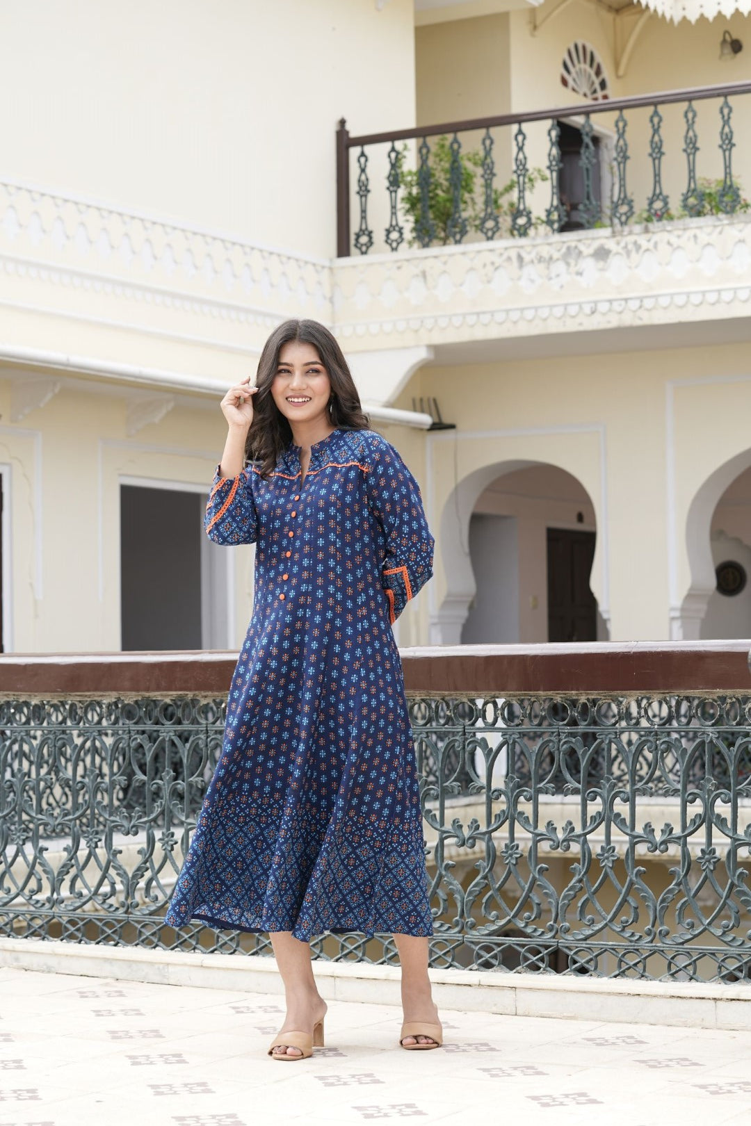 Womens Blue Rayon Rajwadi  Print Kurta - Yash Gallery