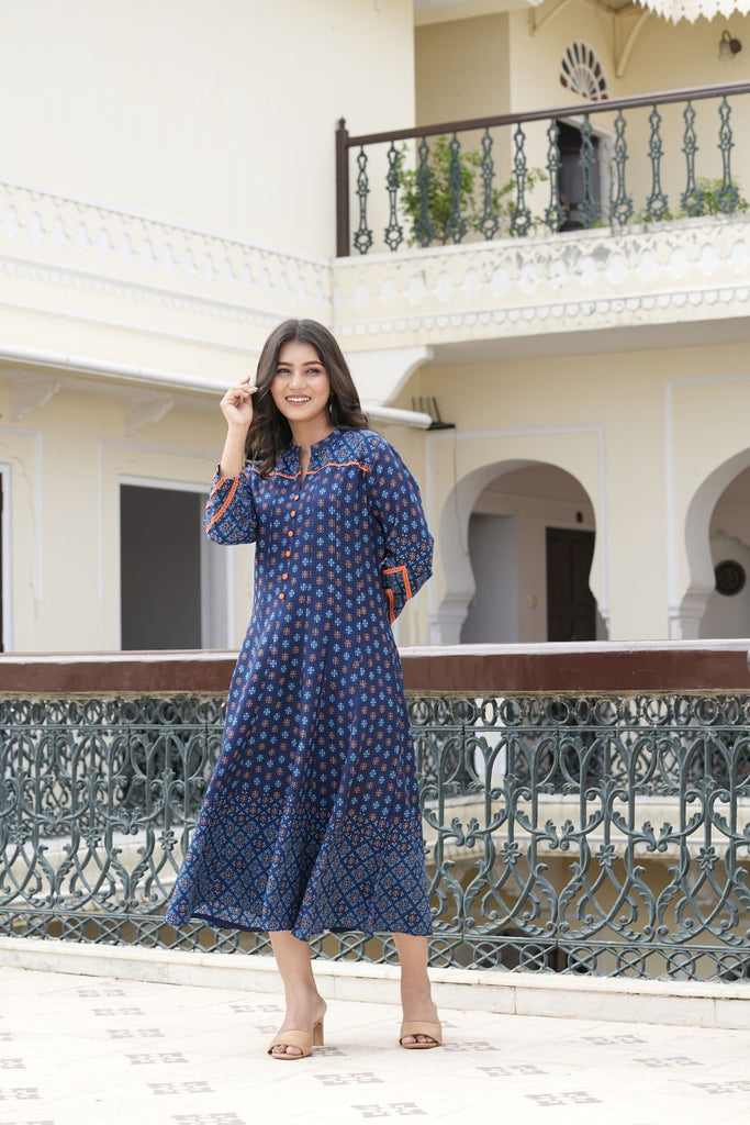 Womens Blue Rayon Rajwadi  Print Kurta