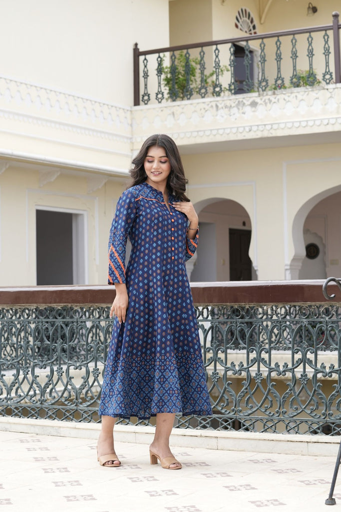 Womens Blue Rayon Rajwadi  Print Kurta