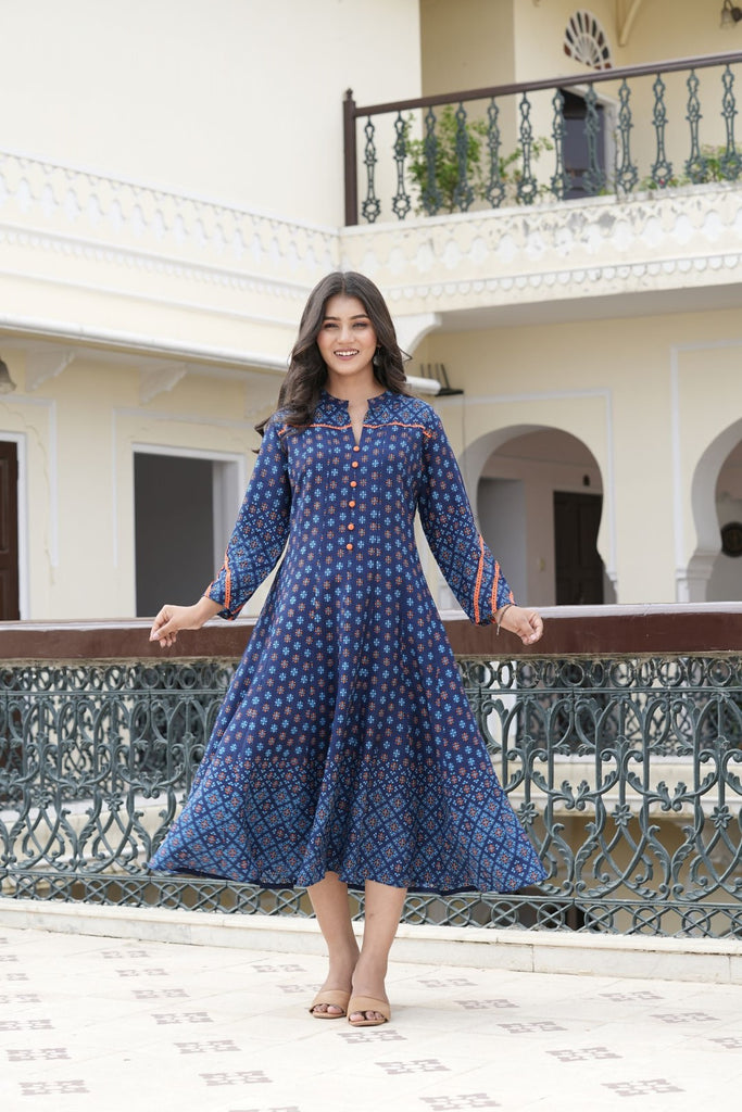 Womens Blue Rayon Rajwadi  Print Kurta
