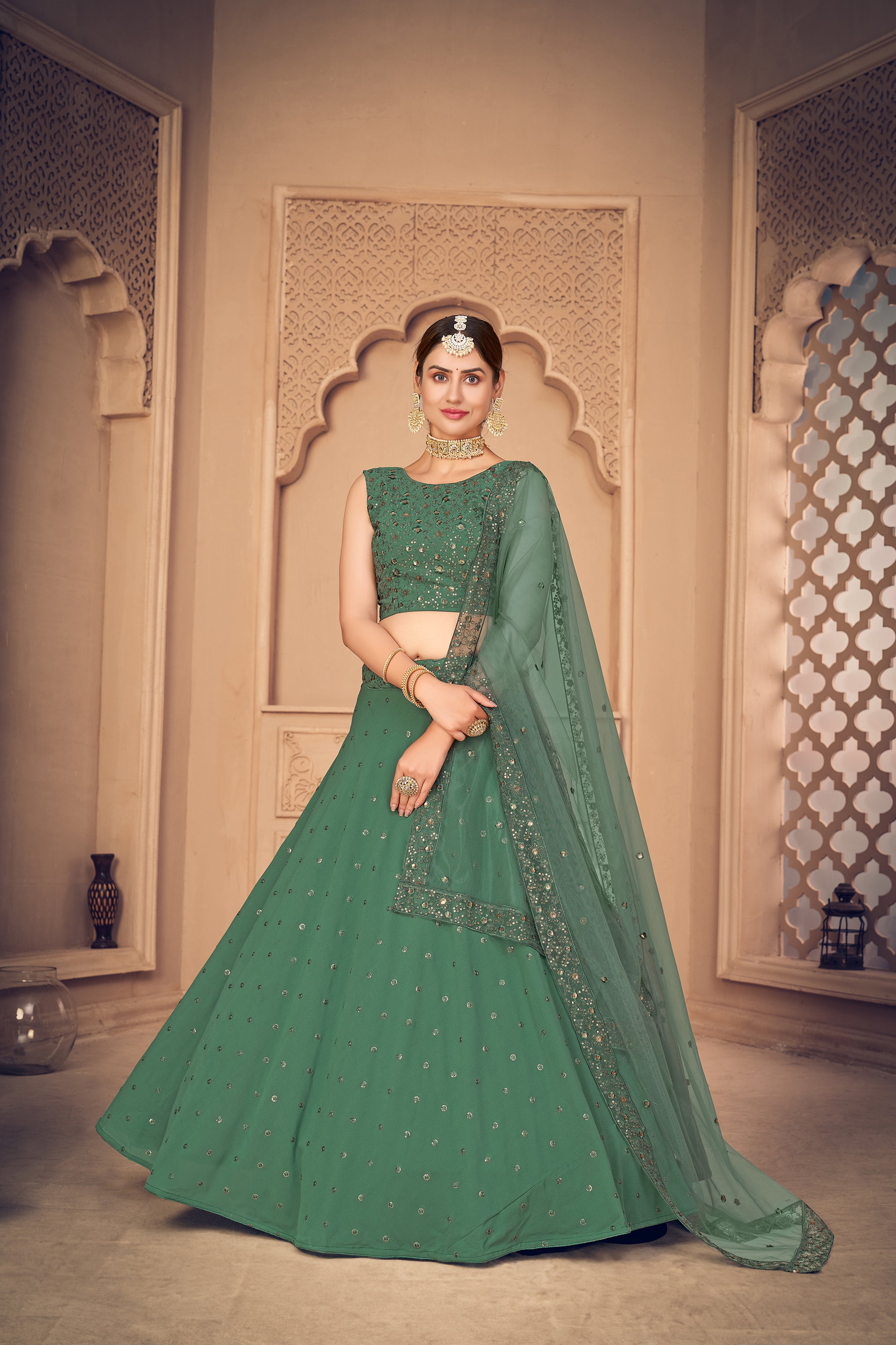 Women's Pista Green Georgette Thread Sequence Embroidered Lehenga Set - Shubhkala