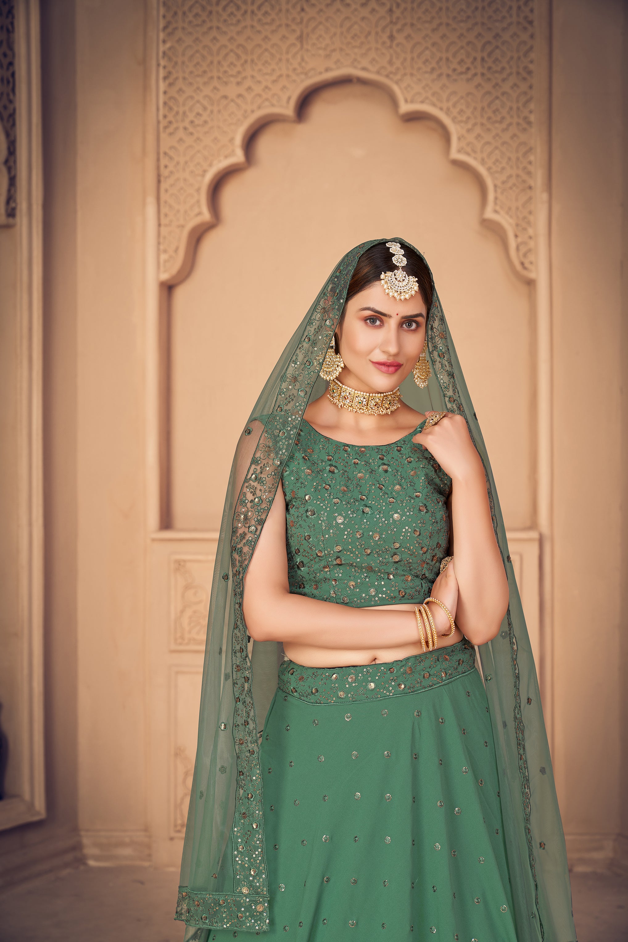 Women's Pista Green Georgette Thread Sequence Embroidered Lehenga Set - Shubhkala