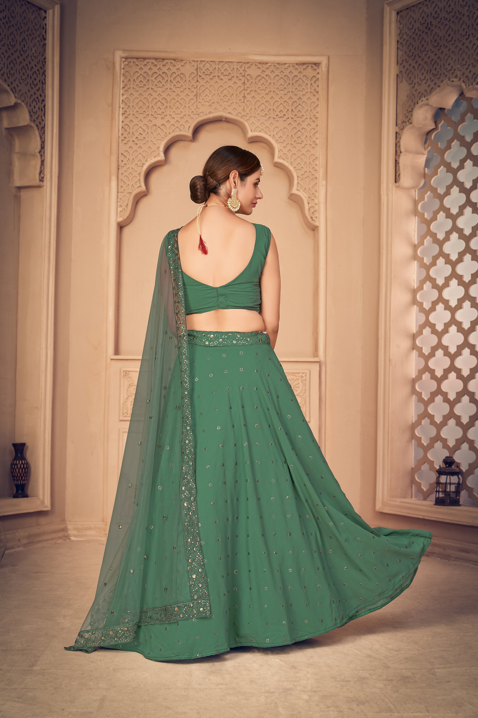 Women's Pista Green Georgette Thread Sequence Embroidered Lehenga Set - Shubhkala