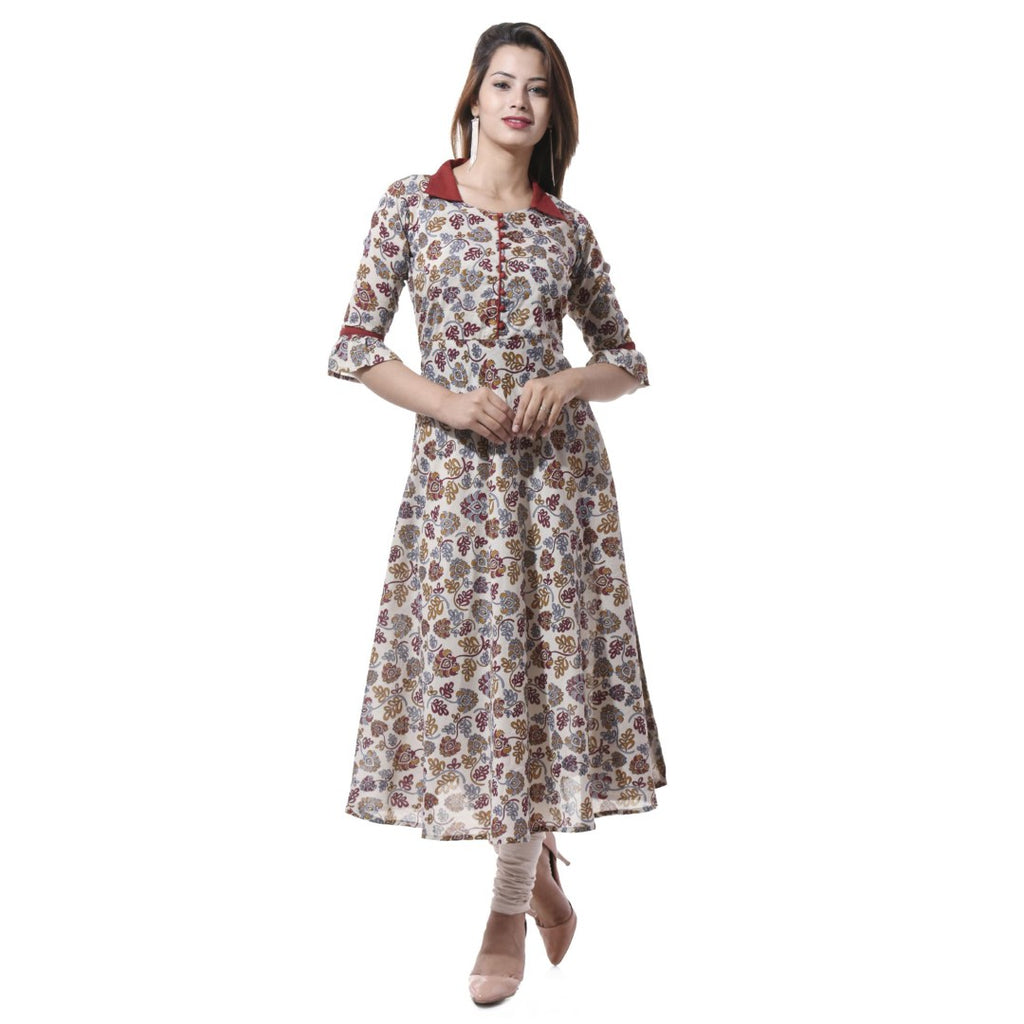 Womens Maroon Cotton Floral Kurta