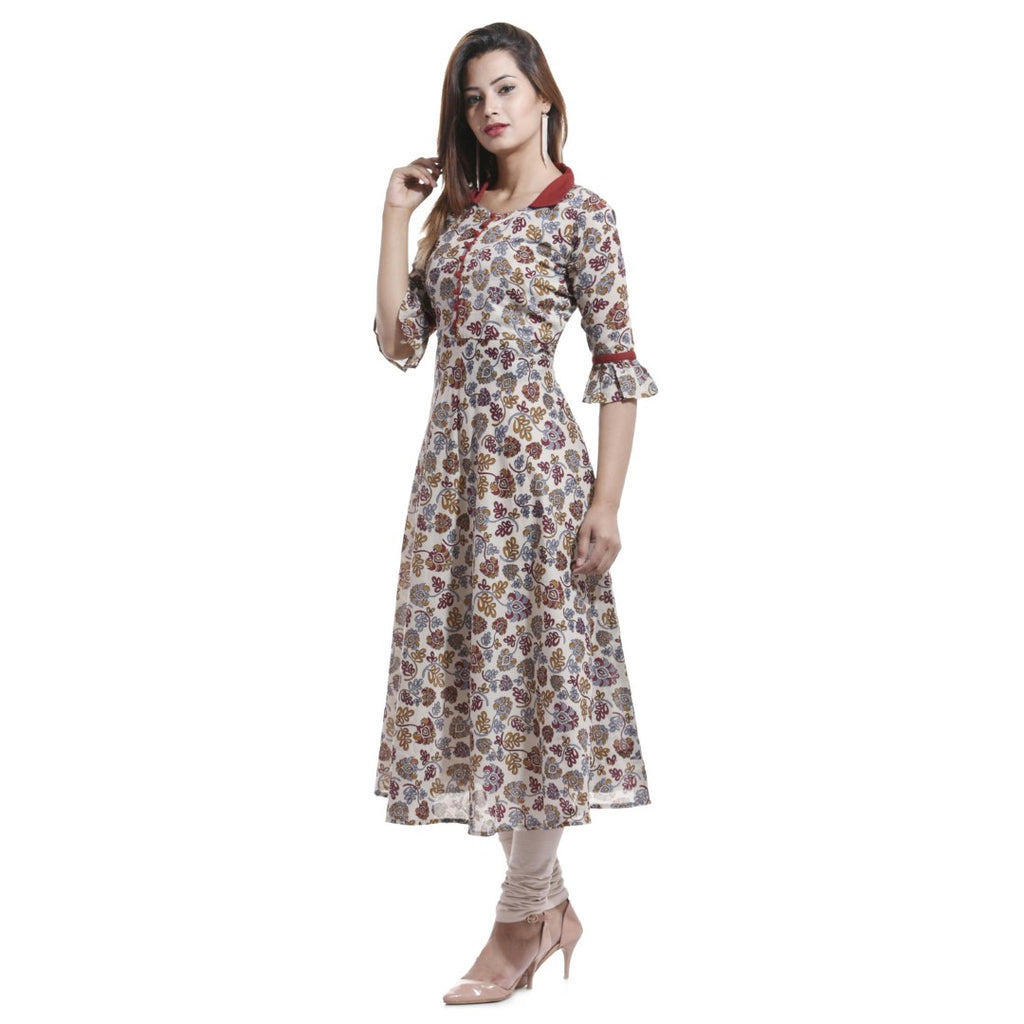 Womens Maroon Cotton Floral Kurta