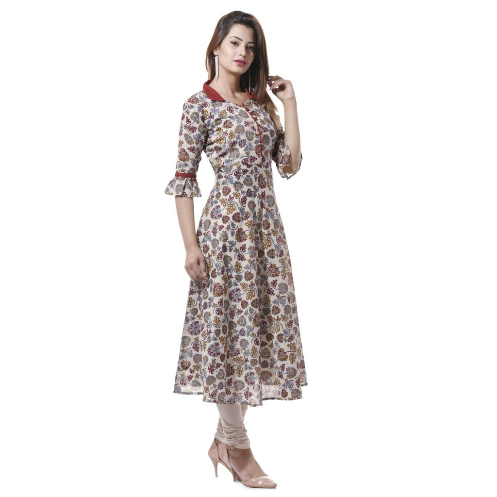 Womens Maroon Cotton Floral Kurta