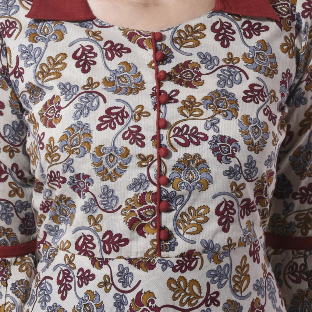 Womens Maroon Cotton Floral Kurta