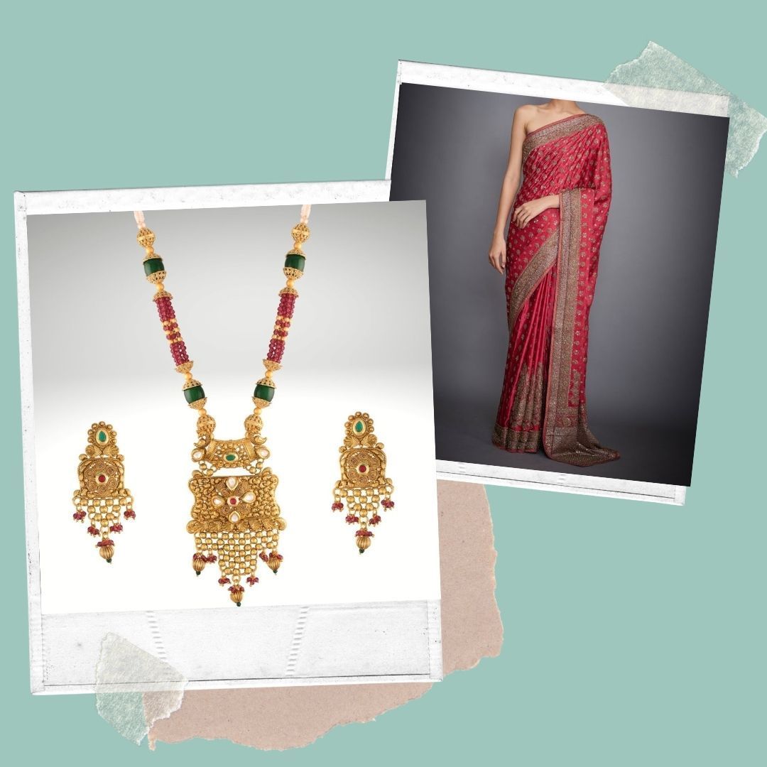 Women's 18K Gold Plated Traditional Long Beaded Brass Jewellery Set with Uncut Polki Kundan