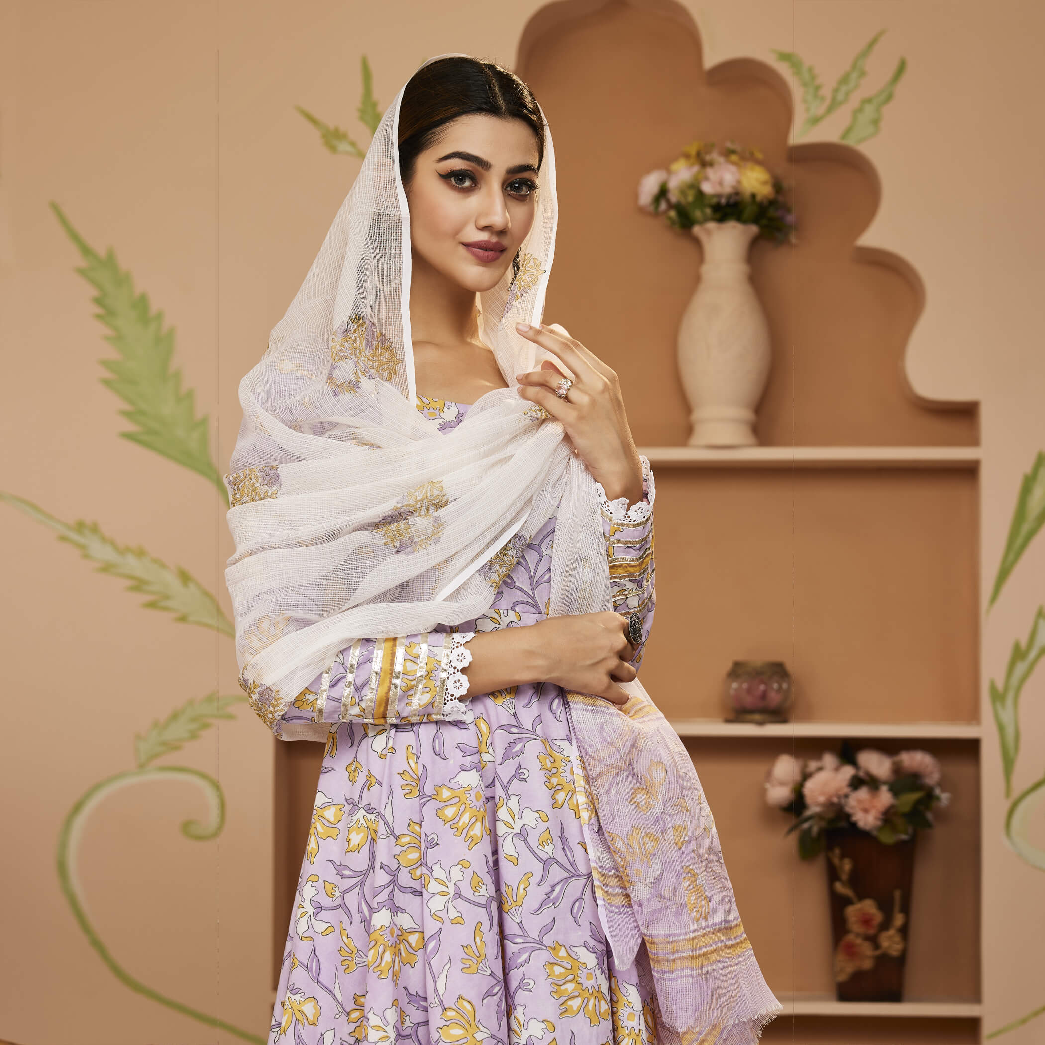 Women's Hand block Printed Lavender Anarkali Cotton Kurta With Trousers & Dupatta - Taantav