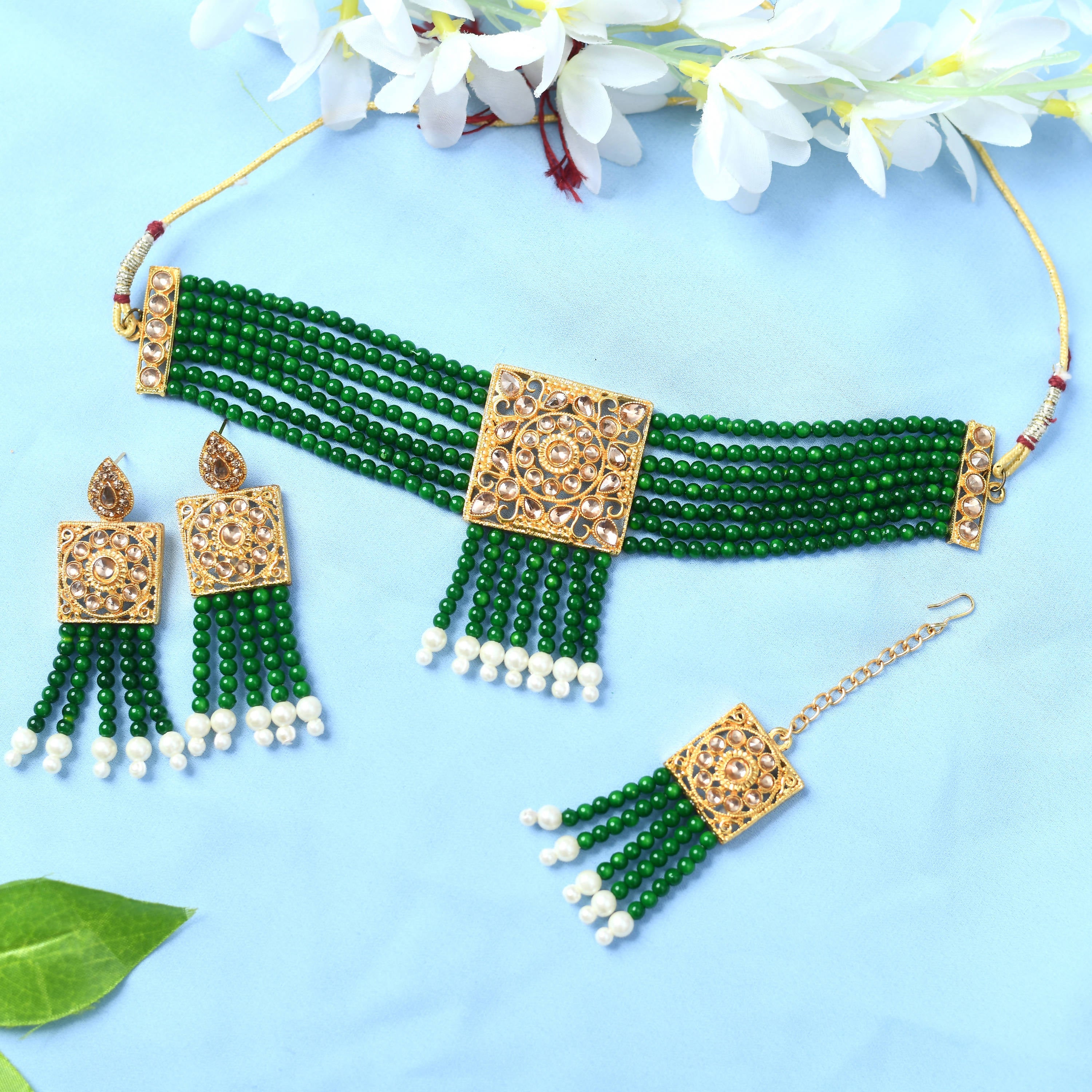 Johar Kamal Traditional Green Color Kundan & Pearls Necklac