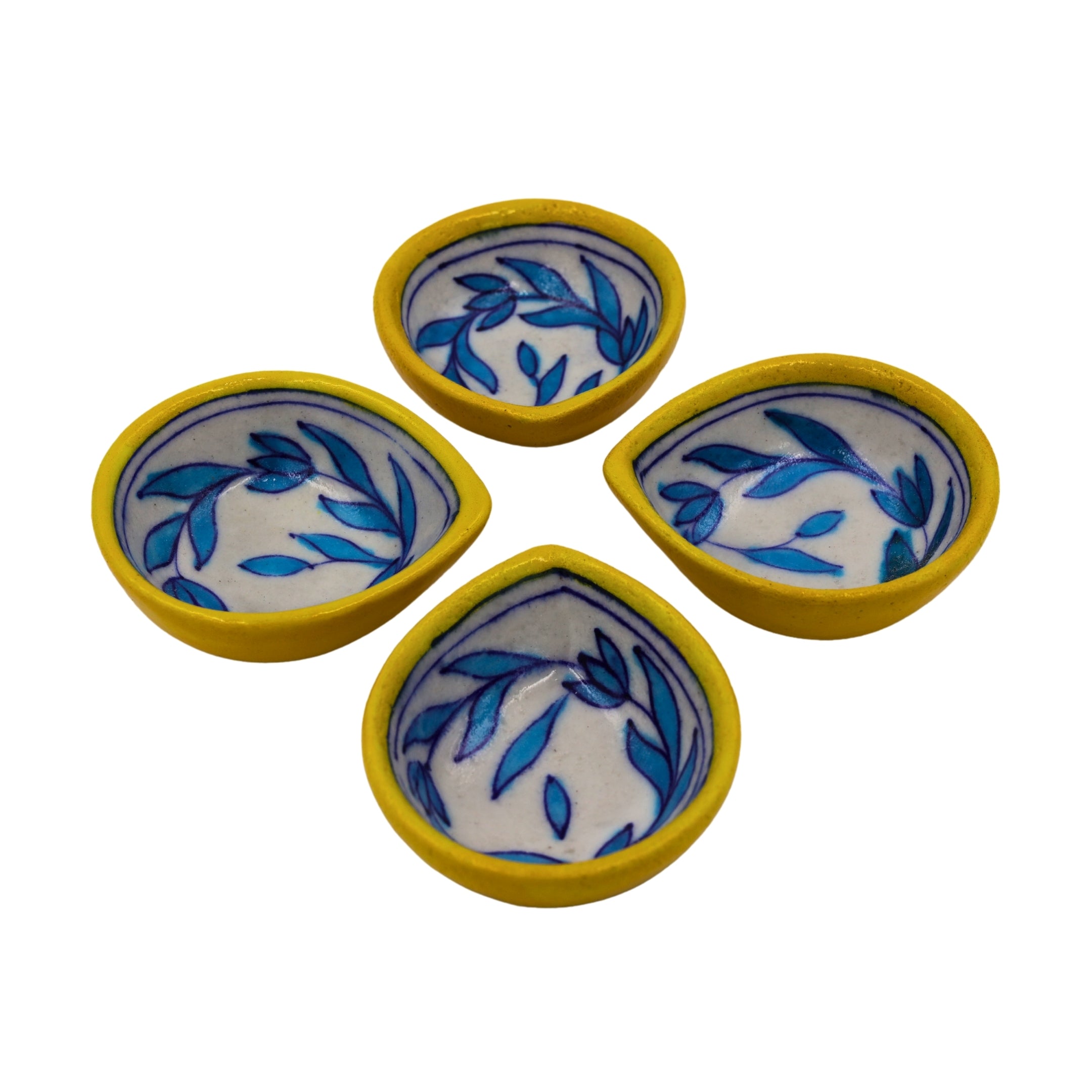 Set of 4 Blue Pottery Yellow and White color diyas - Natriel