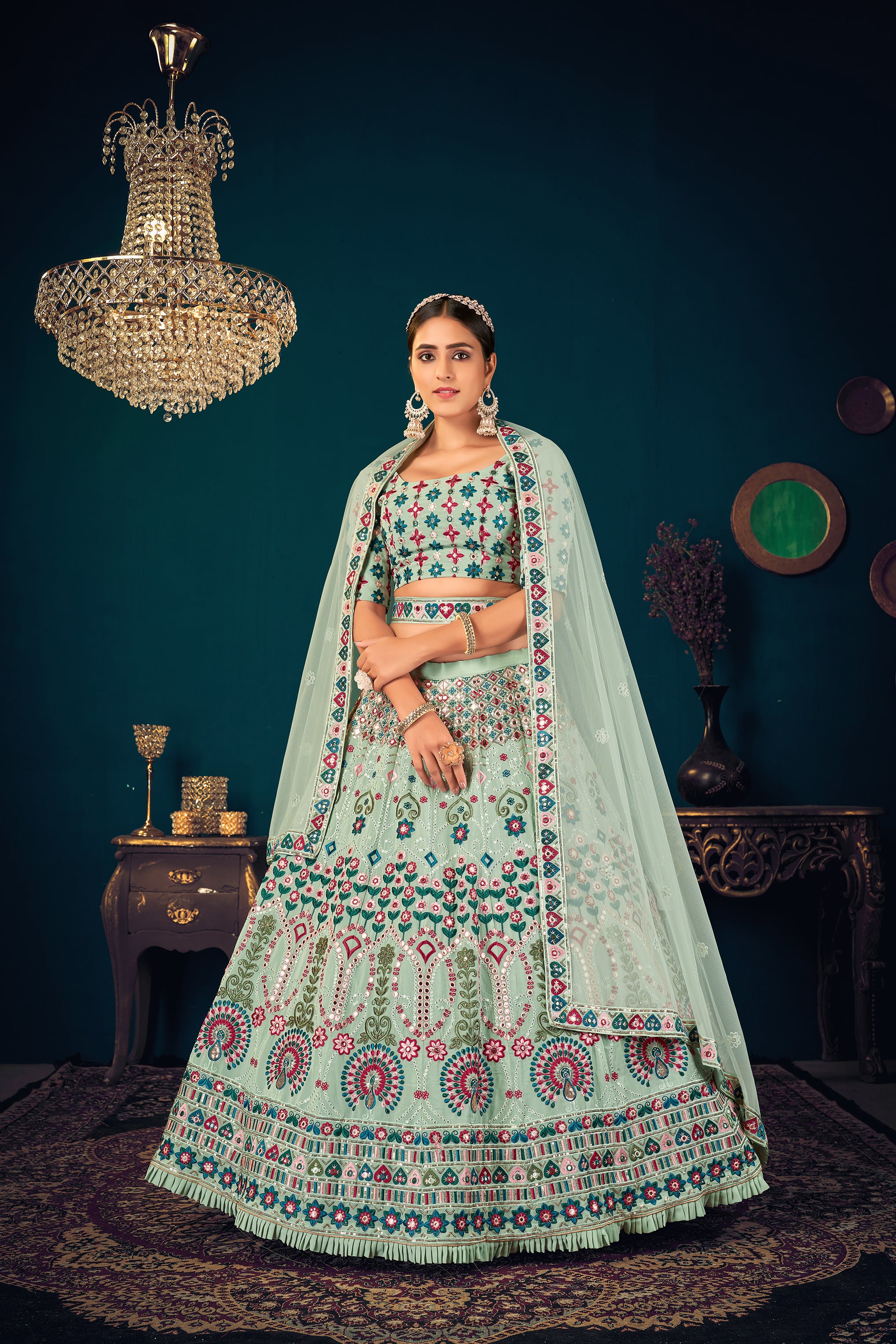 Women's Pista Green Georgette Embroidered Lehenga Set - Shubhkala