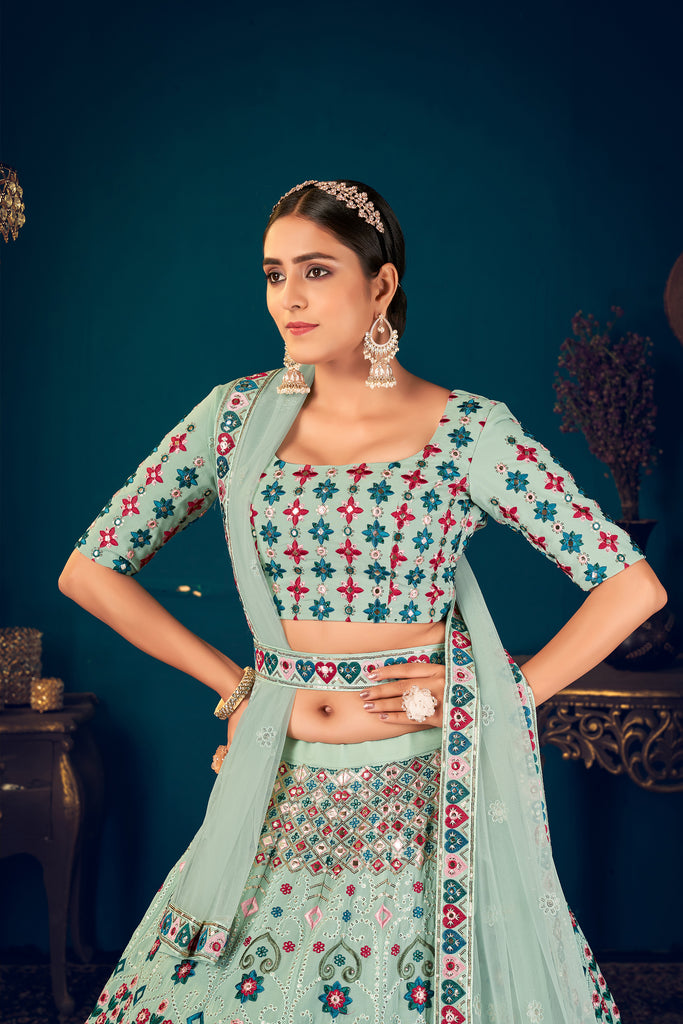 Women's Pista Green Georgette Embroidered Lehenga Set