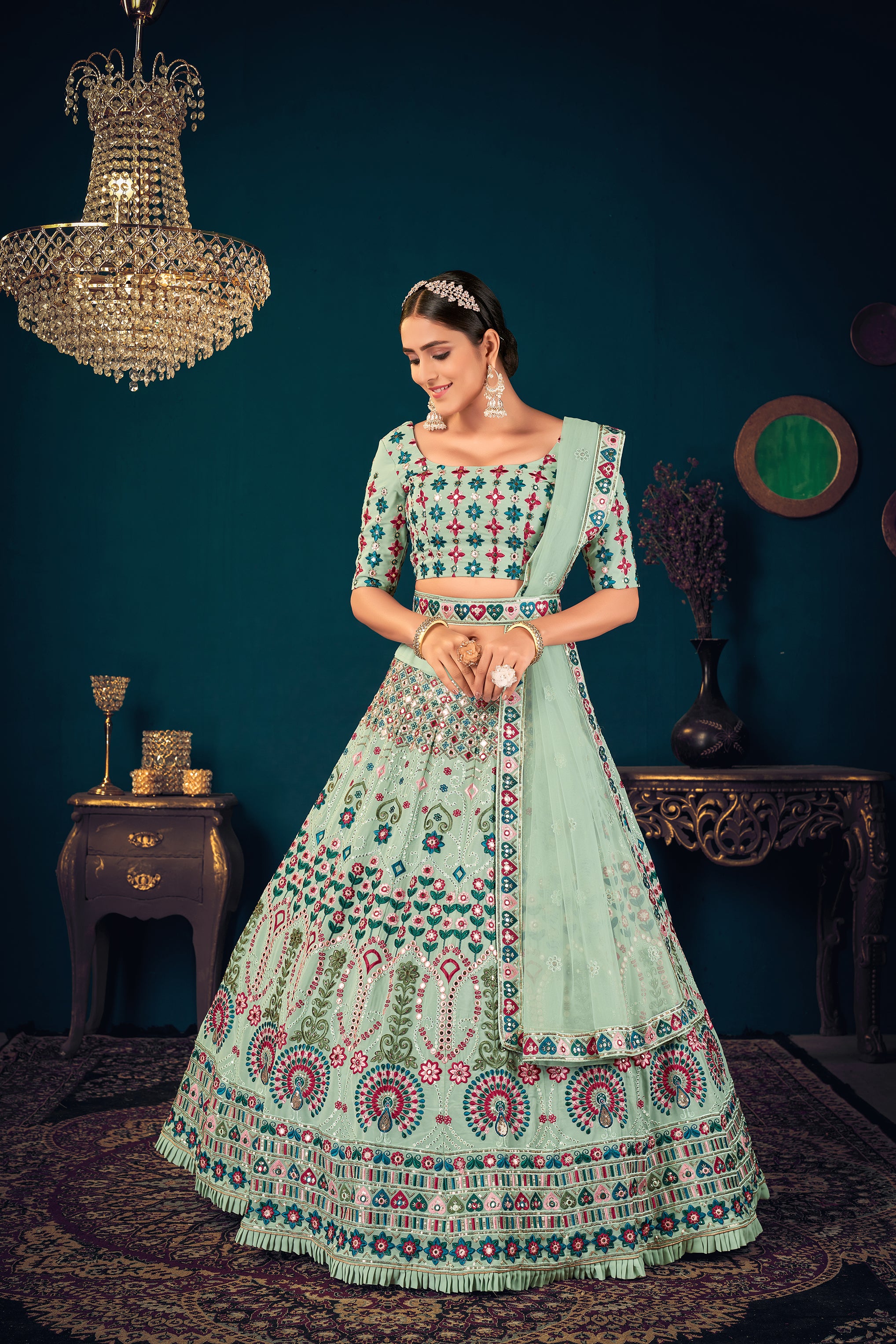 Women's Pista Green Georgette Embroidered Lehenga Set - Shubhkala