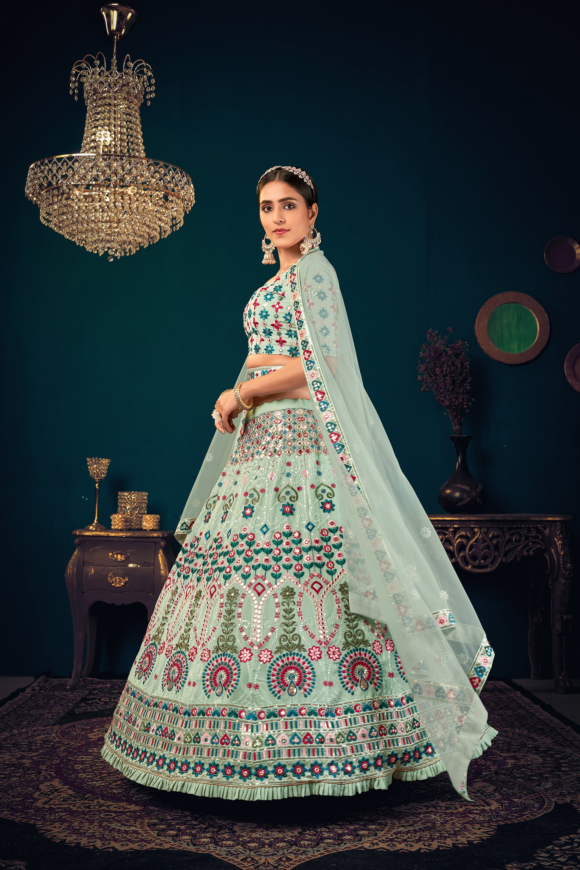 Women's Pista Green Georgette Embroidered Lehenga Set - Shubhkala