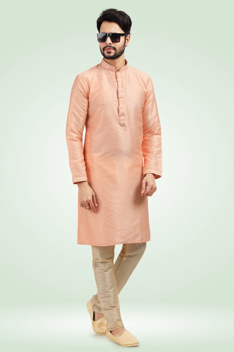 Men's Jacquard Banarasi Silk Pintux Work Kurta Pyjama In Peach Color