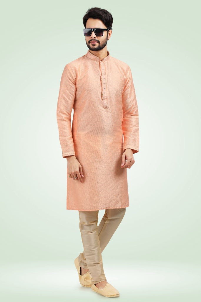 Men's Jacquard Banarasi Silk Pintux Work Kurta Pyjama In Peach Color