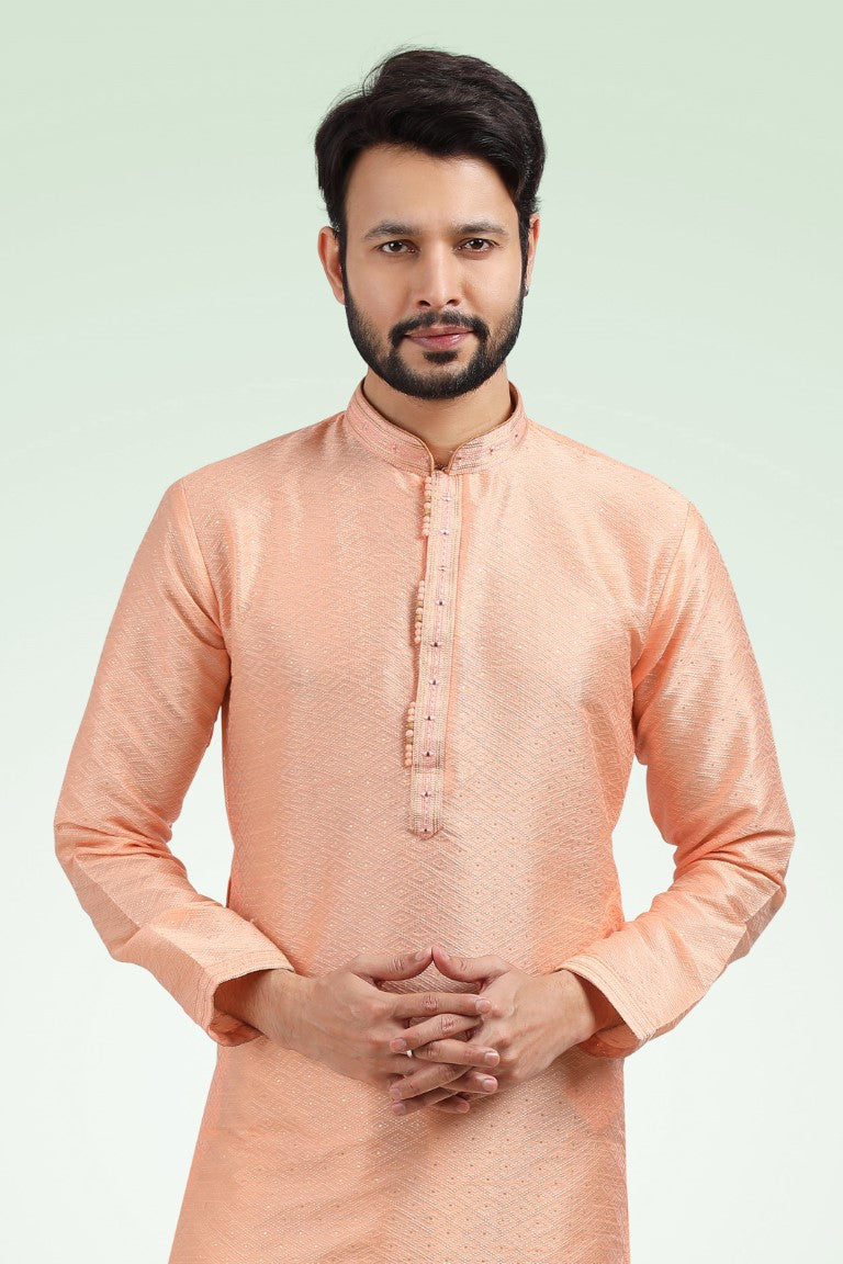 Men's Jacquard Banarasi Silk Pintux Work Kurta Pyjama In Peach Color