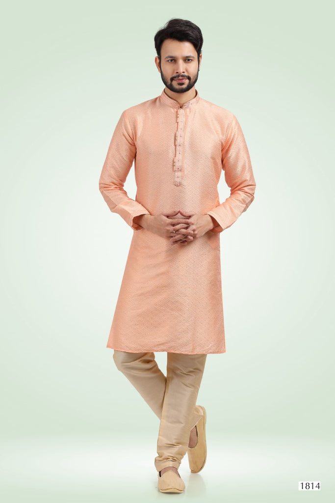 Men's Jacquard Banarasi Silk Pintux Work Kurta Pyjama In Peach Color