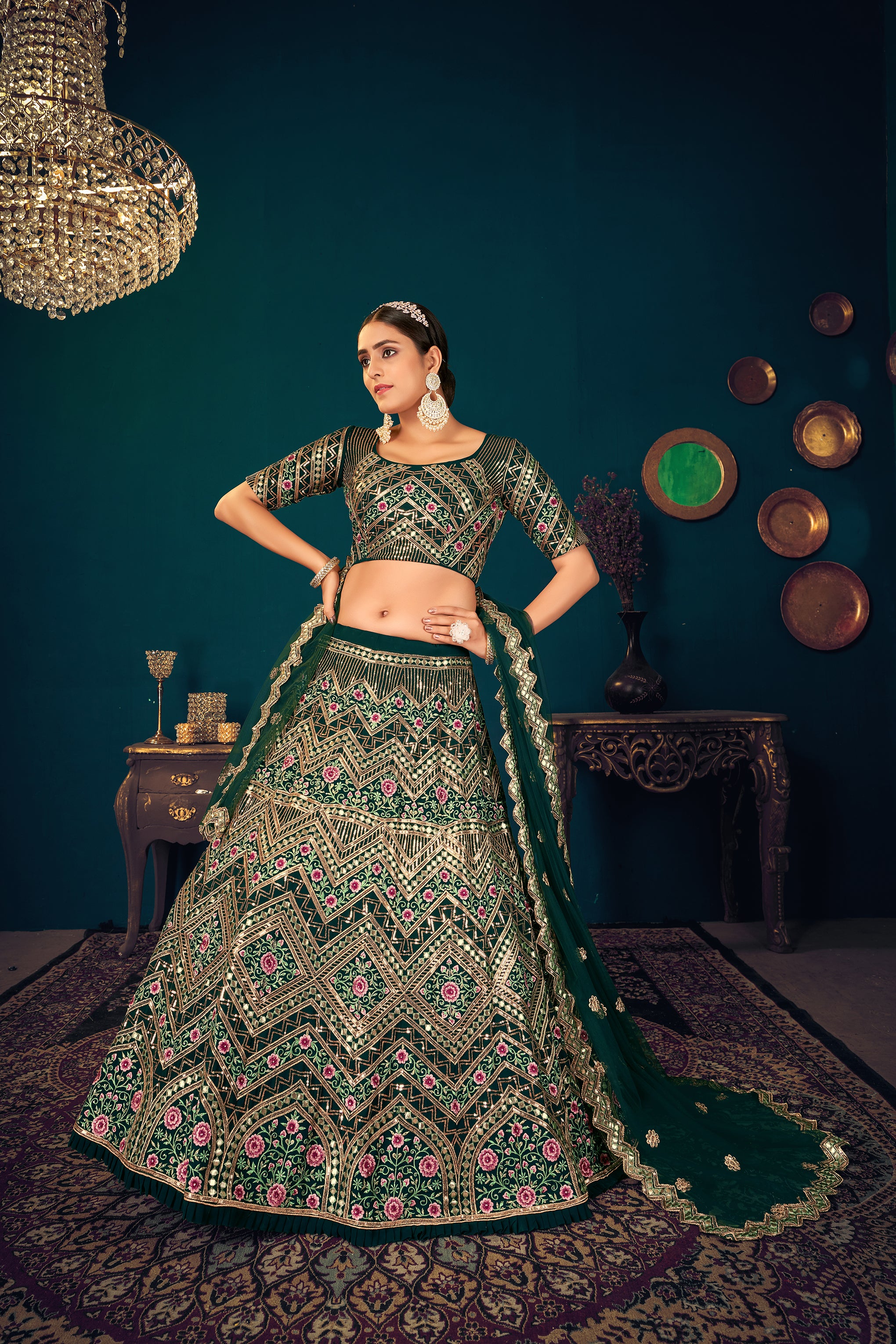 Women's Dark Green Georgette Embroidered Lehenga Set - Shubhkala