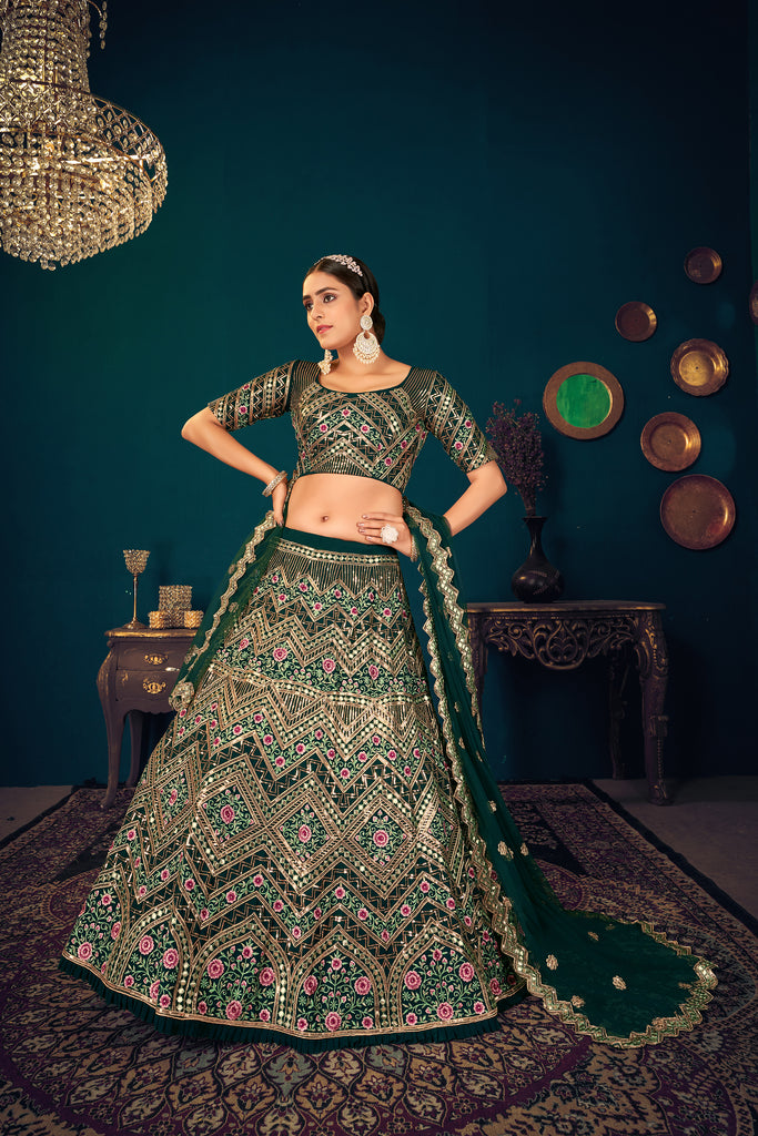 Women's Dark Green Georgette Embroidered Lehenga Set