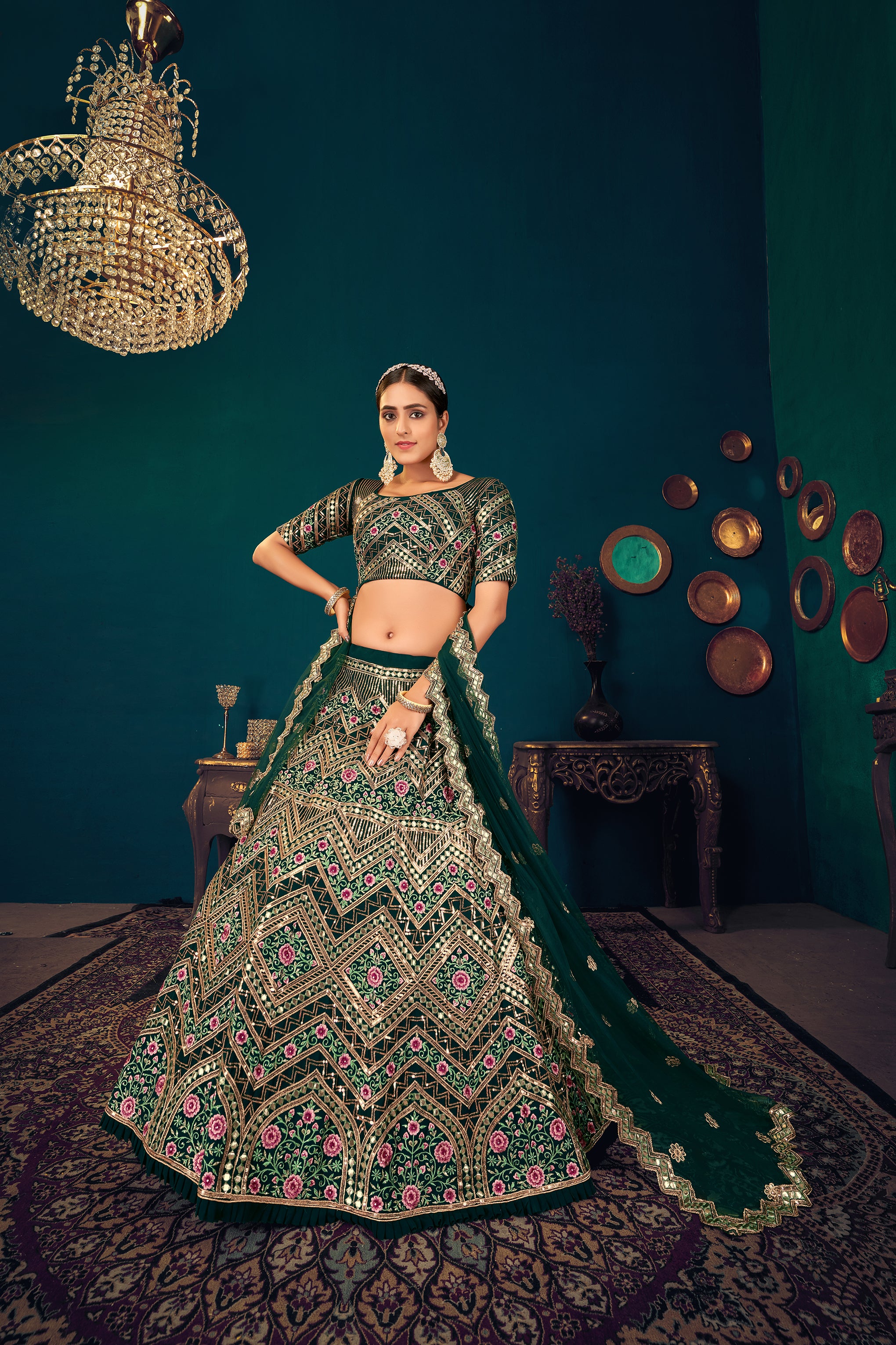 Women's Dark Green Georgette Embroidered Lehenga Set - Shubhkala