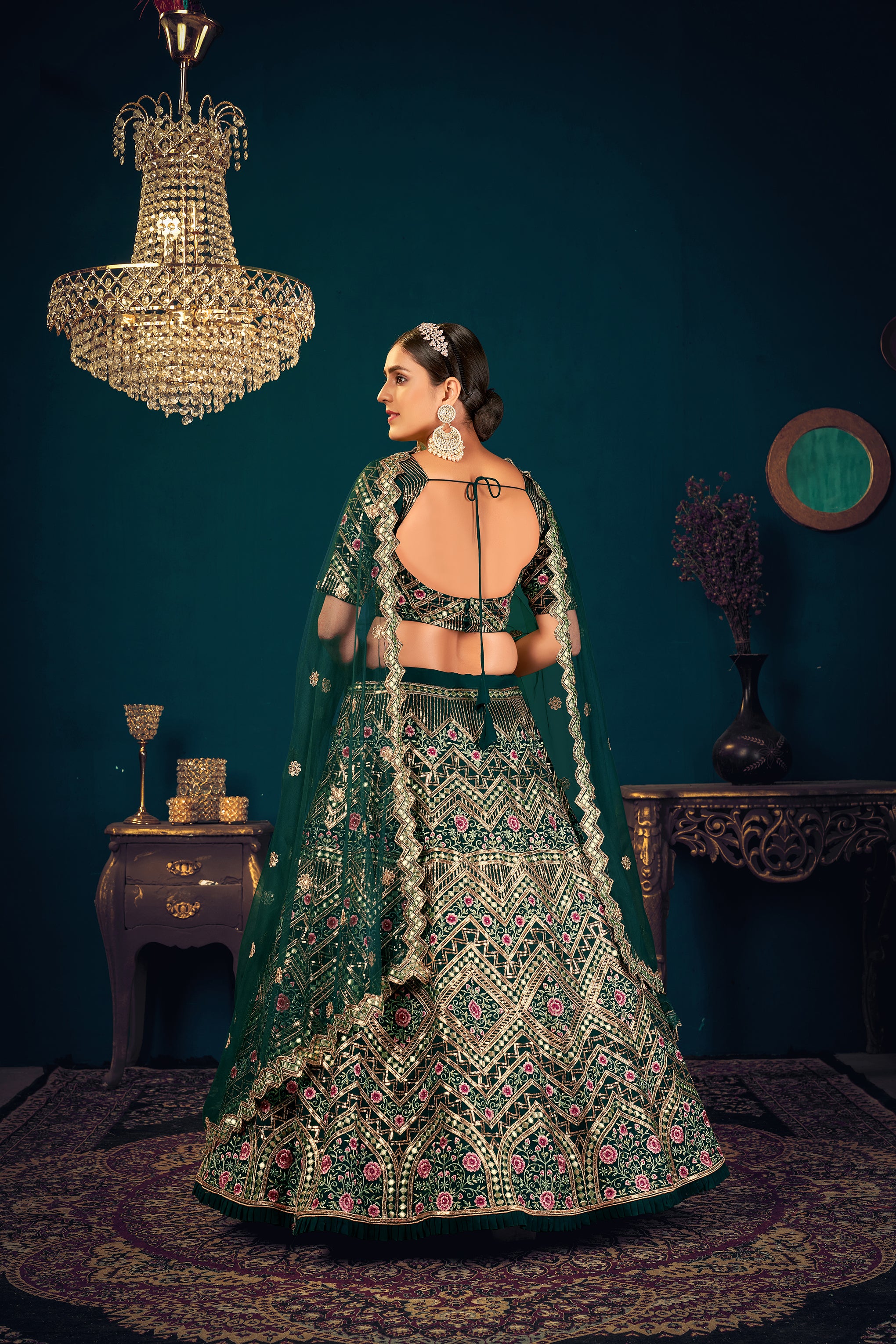 Women's Dark Green Georgette Embroidered Lehenga Set - Shubhkala