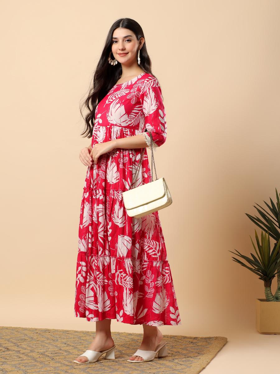 Women's Pink Cotton Lurex Printed & Hand Embroidery Work Long Dress Pink / 38