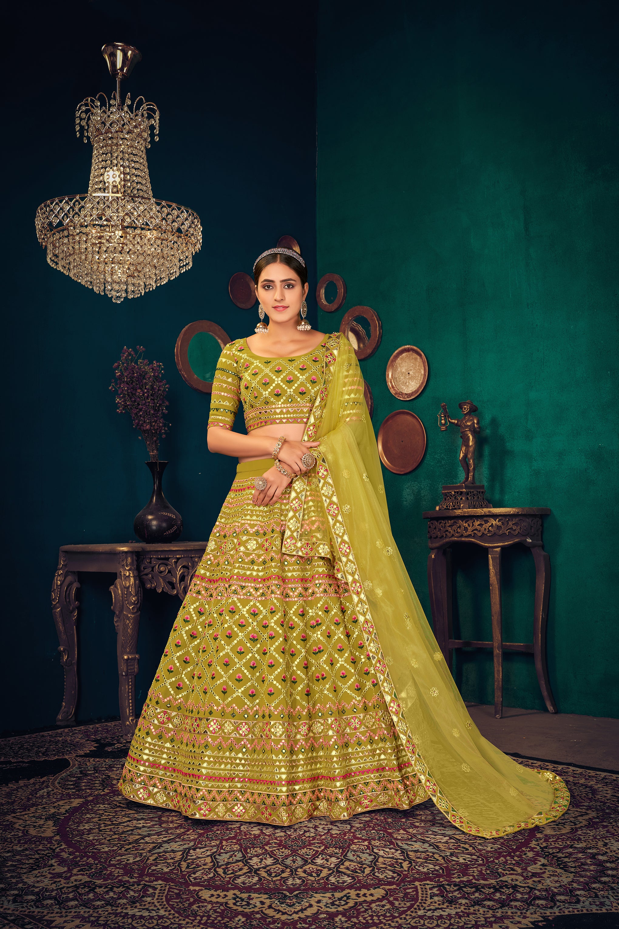 Women's Green Lime Georgette Embroidered Lehenga Set - Shubhkala