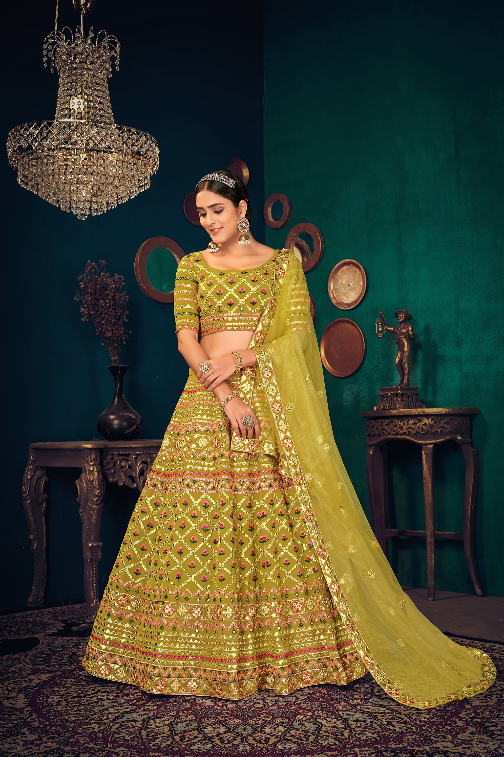 Women's Green Lime Georgette Embroidered Lehenga Set - Shubhkala