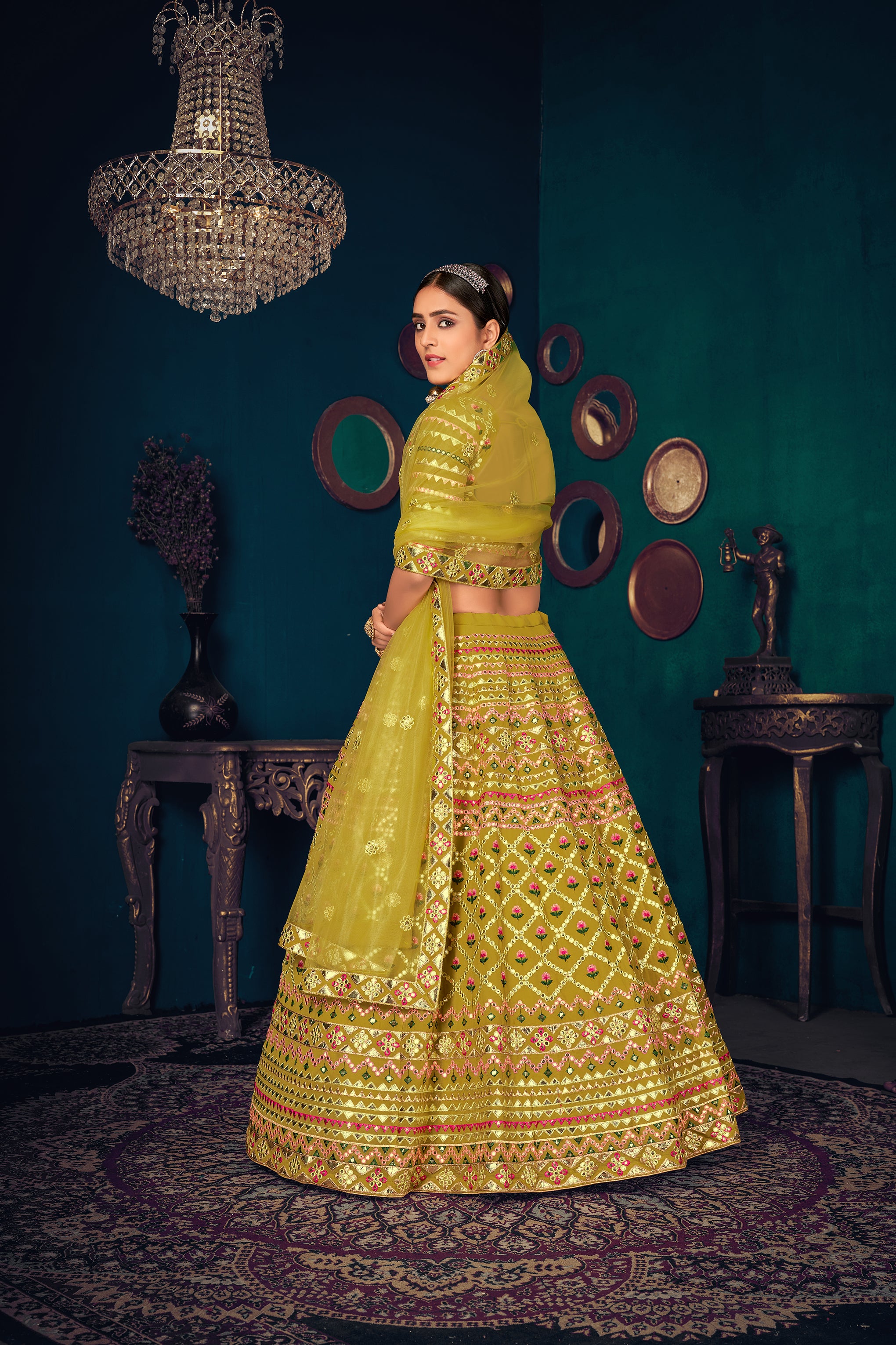 Women's Green Lime Georgette Embroidered Lehenga Set - Shubhkala