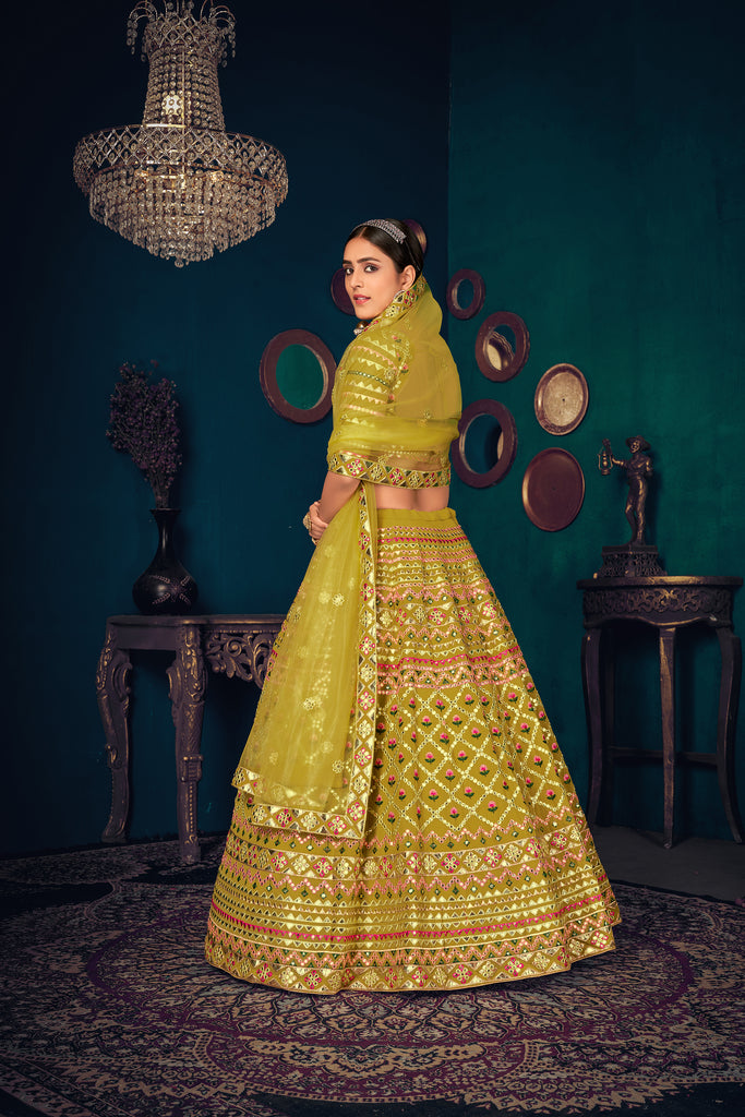 Women's Green Lime Georgette Embroidered Lehenga Set