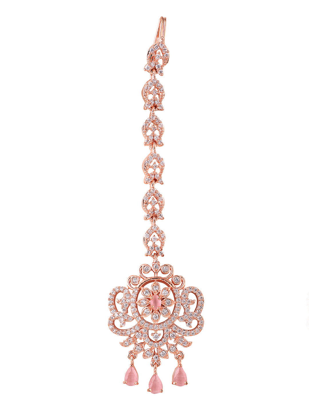 Women's Rosegold Plated Floral Shape Amerivan Diamond Hand Crafted Maangtikka