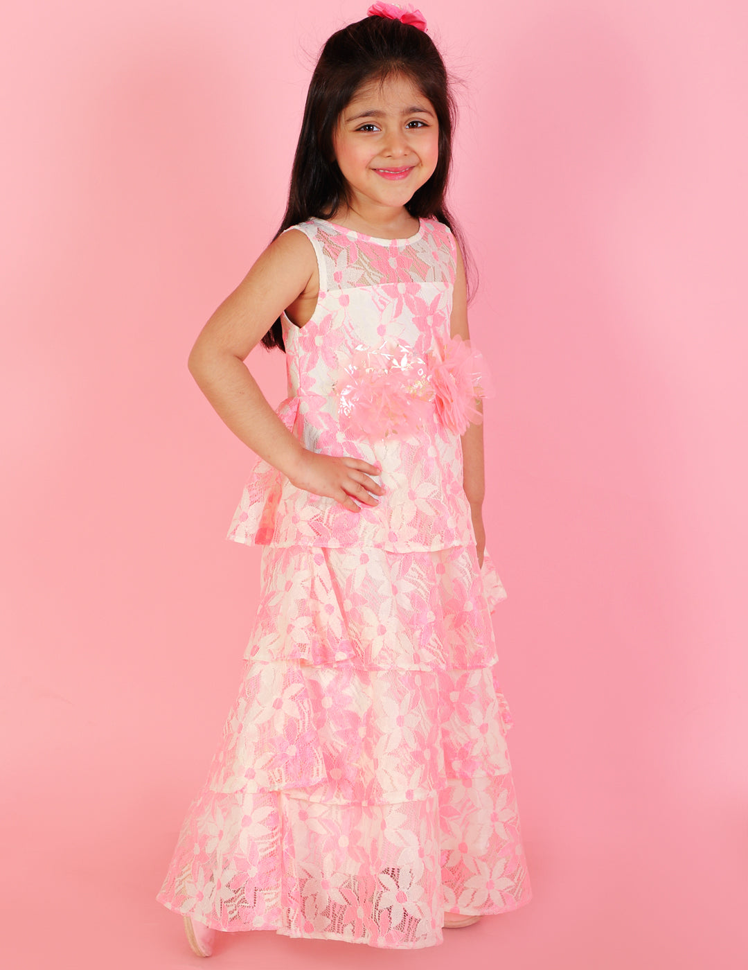 Girl's Stylish Layered Gown-Pink - Lil Peacock