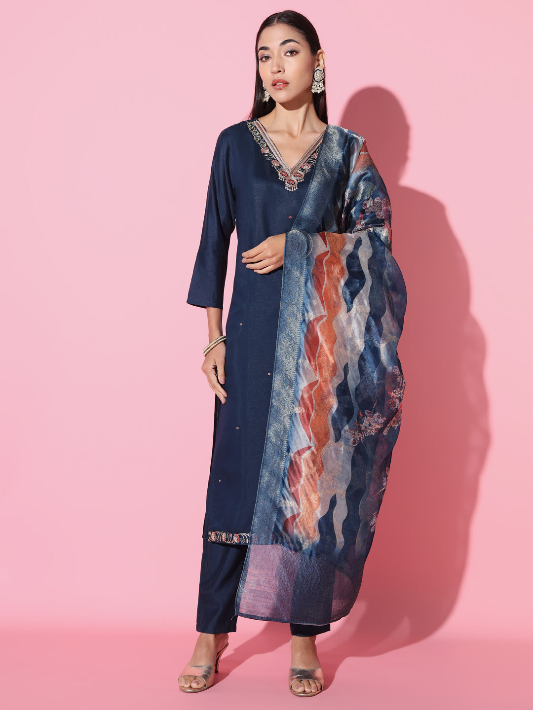 Women's 'V' Neck Embroidered Work Viscose Fabric Kurta Pant Set Comes With Printed Dupatta - Taantav