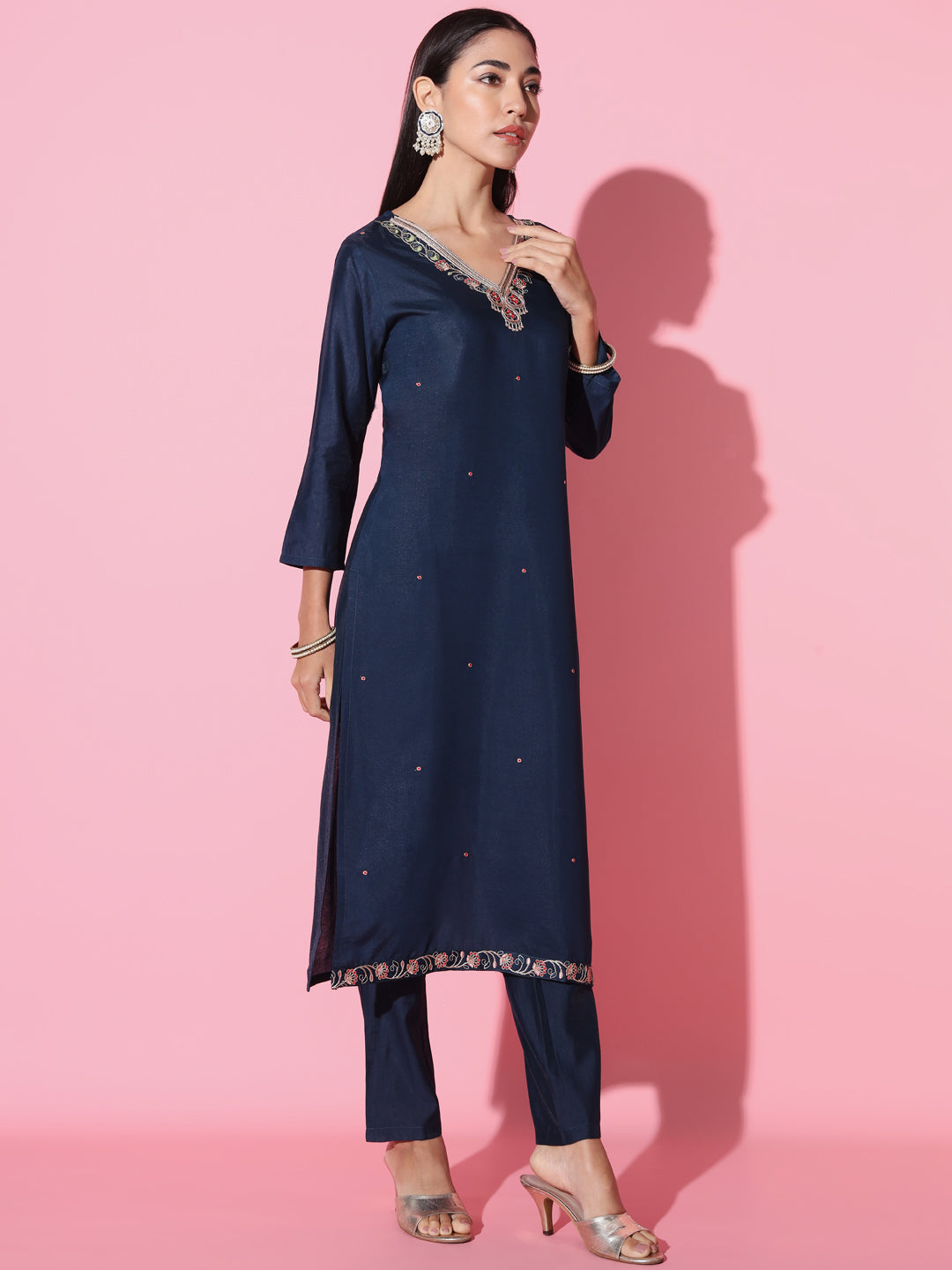 Women's 'V' Neck Embroidered Work Viscose Fabric Kurta Pant Set Comes With Printed Dupatta - Taantav