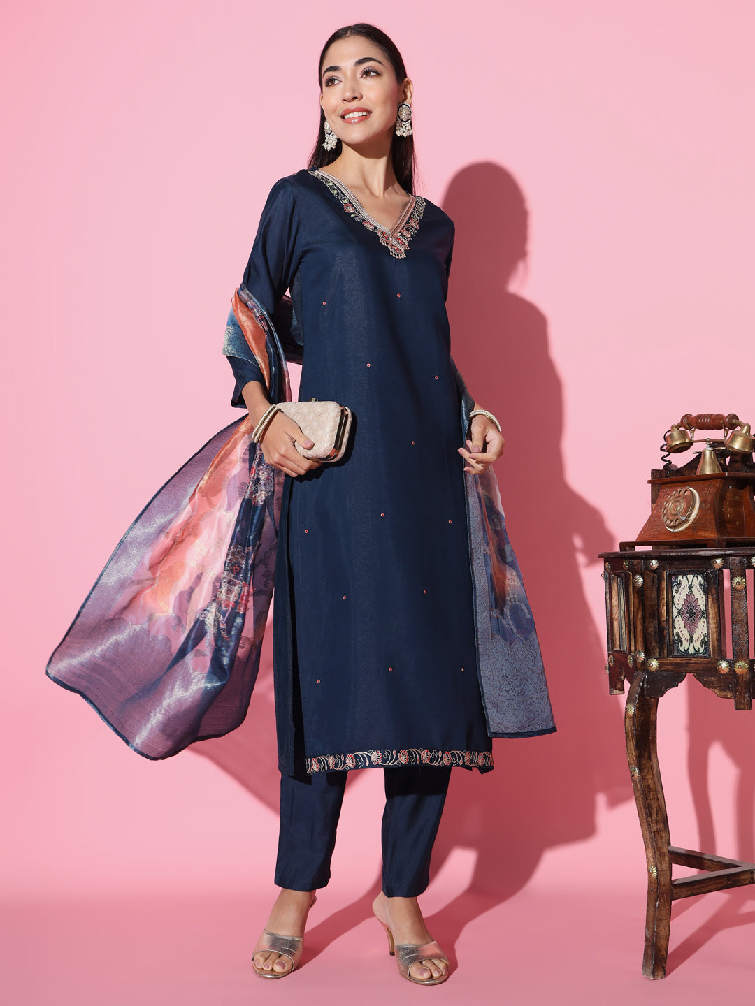 Women's 'V' Neck Embroidered Work Viscose Fabric Kurta Pant Set Comes With Printed Dupatta - Taantav