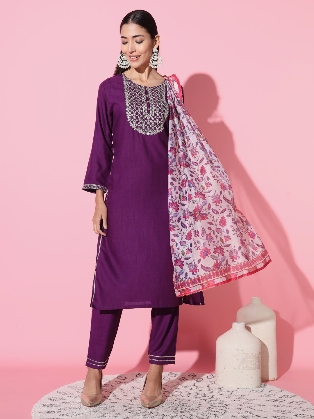 Women's Round Neck Embroidered Work Rayon Slub Fabric Kurta & Pant With Dupatta Set - Taantav