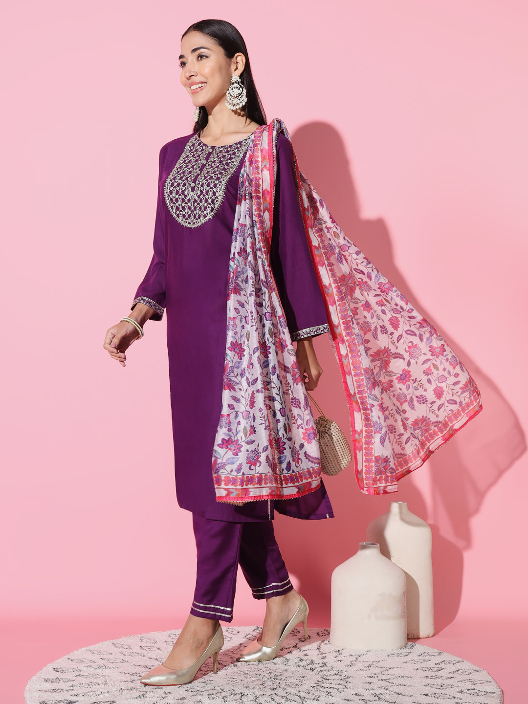 Women's Round Neck Embroidered Work Rayon Slub Fabric Kurta & Pant With Dupatta Set - Taantav