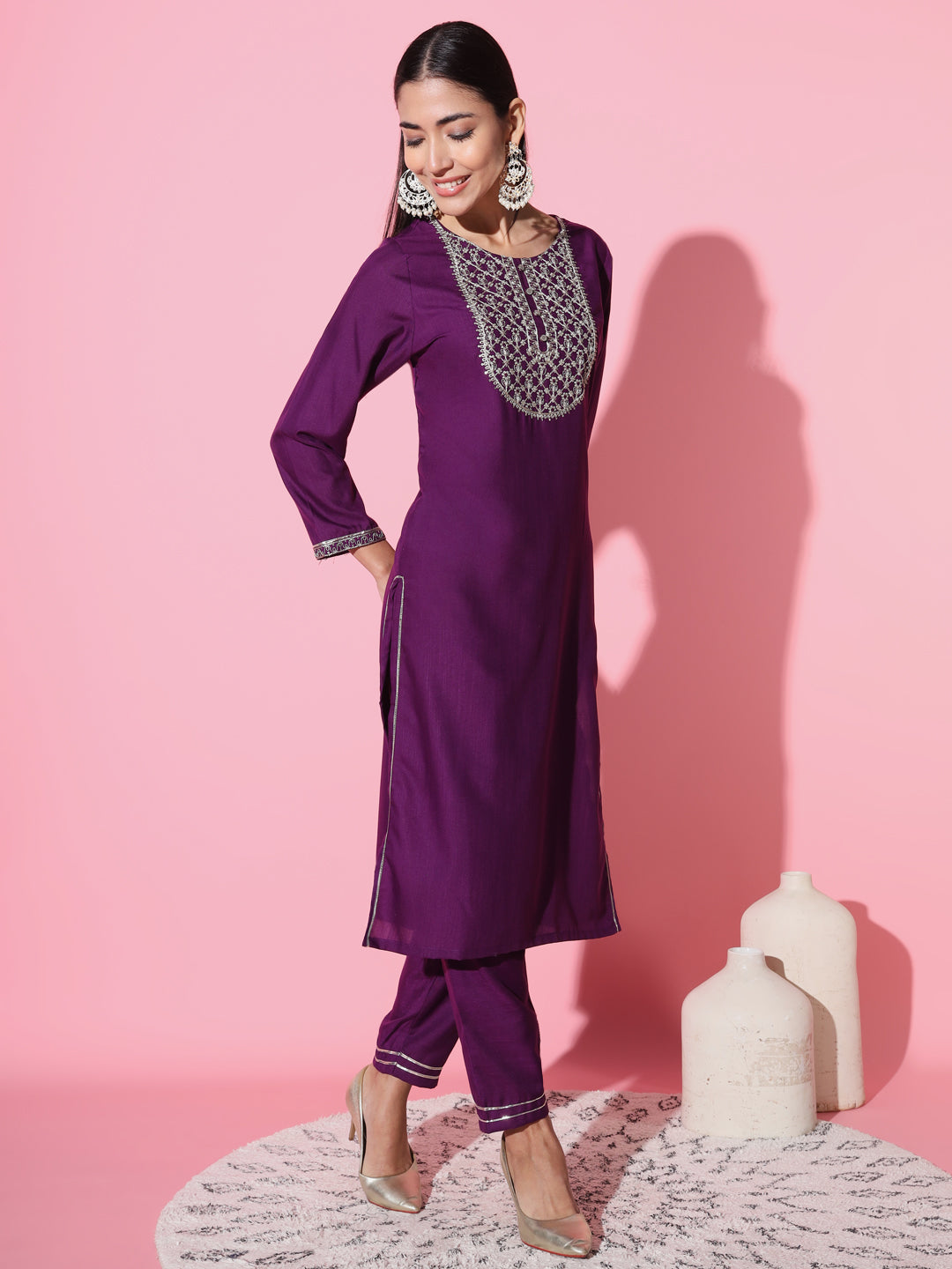 Women's Round Neck Embroidered Work Rayon Slub Fabric Kurta & Pant With Dupatta Set - Taantav