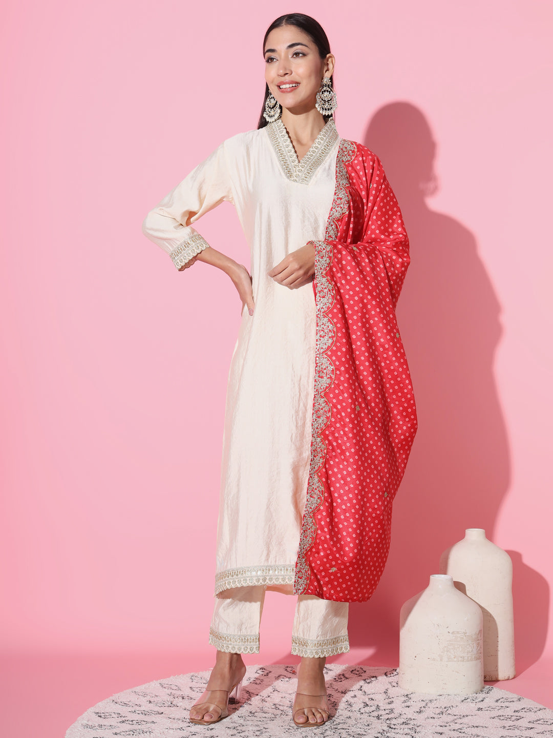 Women's V-Neck Sequence Embroidered Work Gadhwal Fabric Kurta & Pant Set Comes With Muslin Fabric Dupatta - Taantav