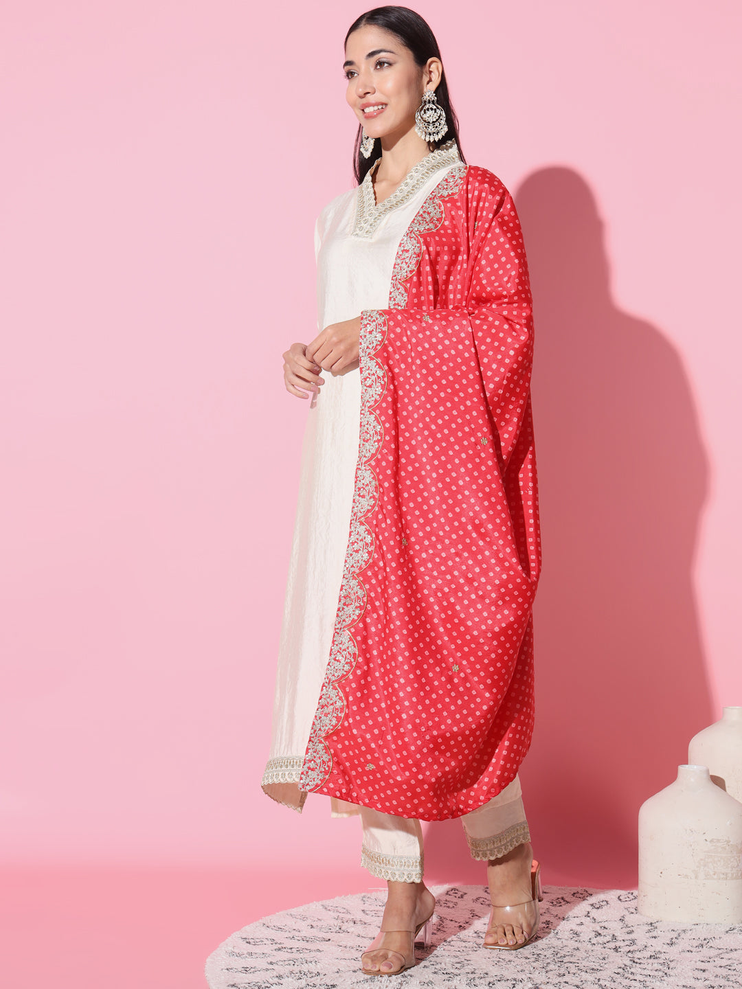 Women's V-Neck Sequence Embroidered Work Gadhwal Fabric Kurta & Pant Set Comes With Muslin Fabric Dupatta - Taantav