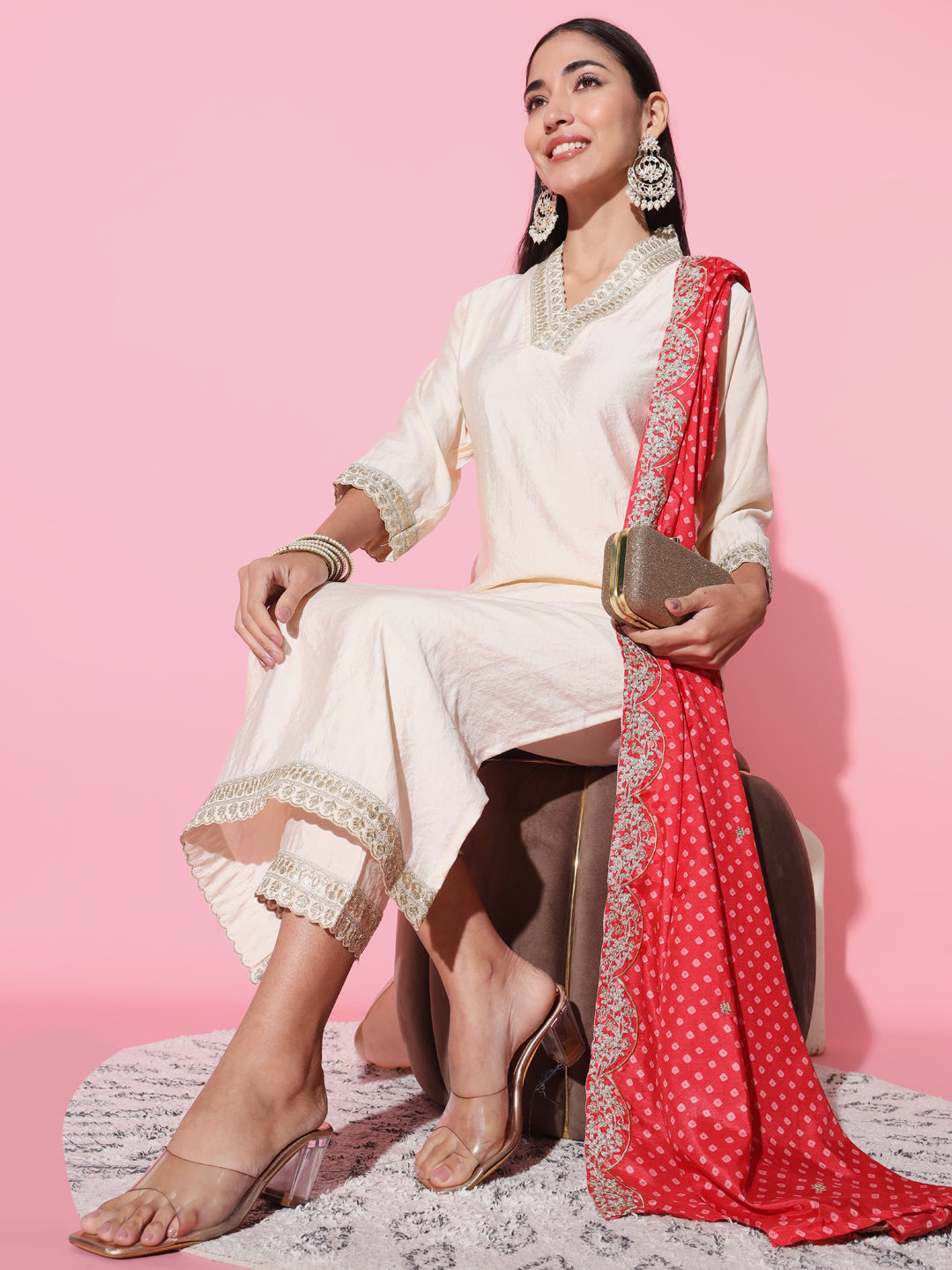 Women's V-Neck Sequence Embroidered Work Gadhwal Fabric Kurta & Pant Set Comes With Muslin Fabric Dupatta - Taantav