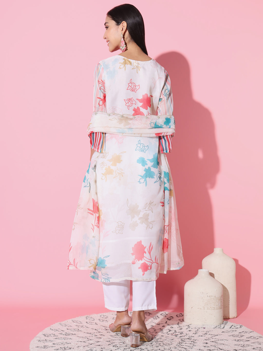 Women's V-Neck Floral-Printed Organza Fabric Kurta And Pant With Dupatta Set - Taantav